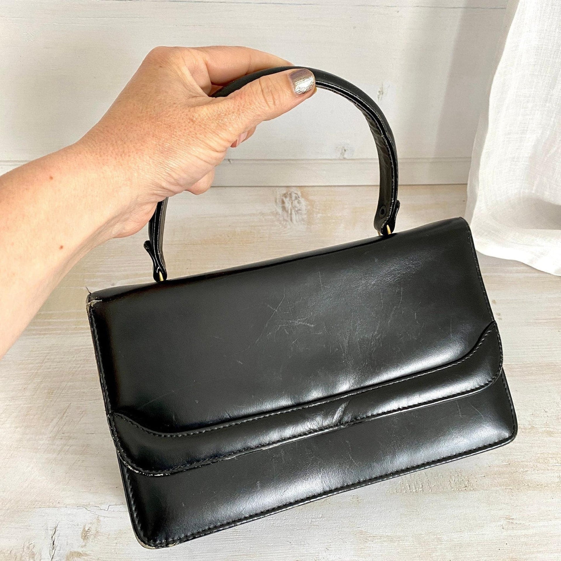 50er Damentasche Leder Handtasche schwarz