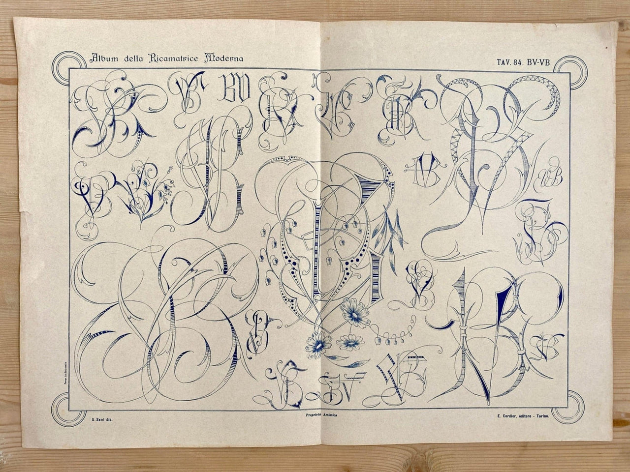 Antike Stickvorlage Stickmuster Jugendstil Initialen BV VB, um 1910
