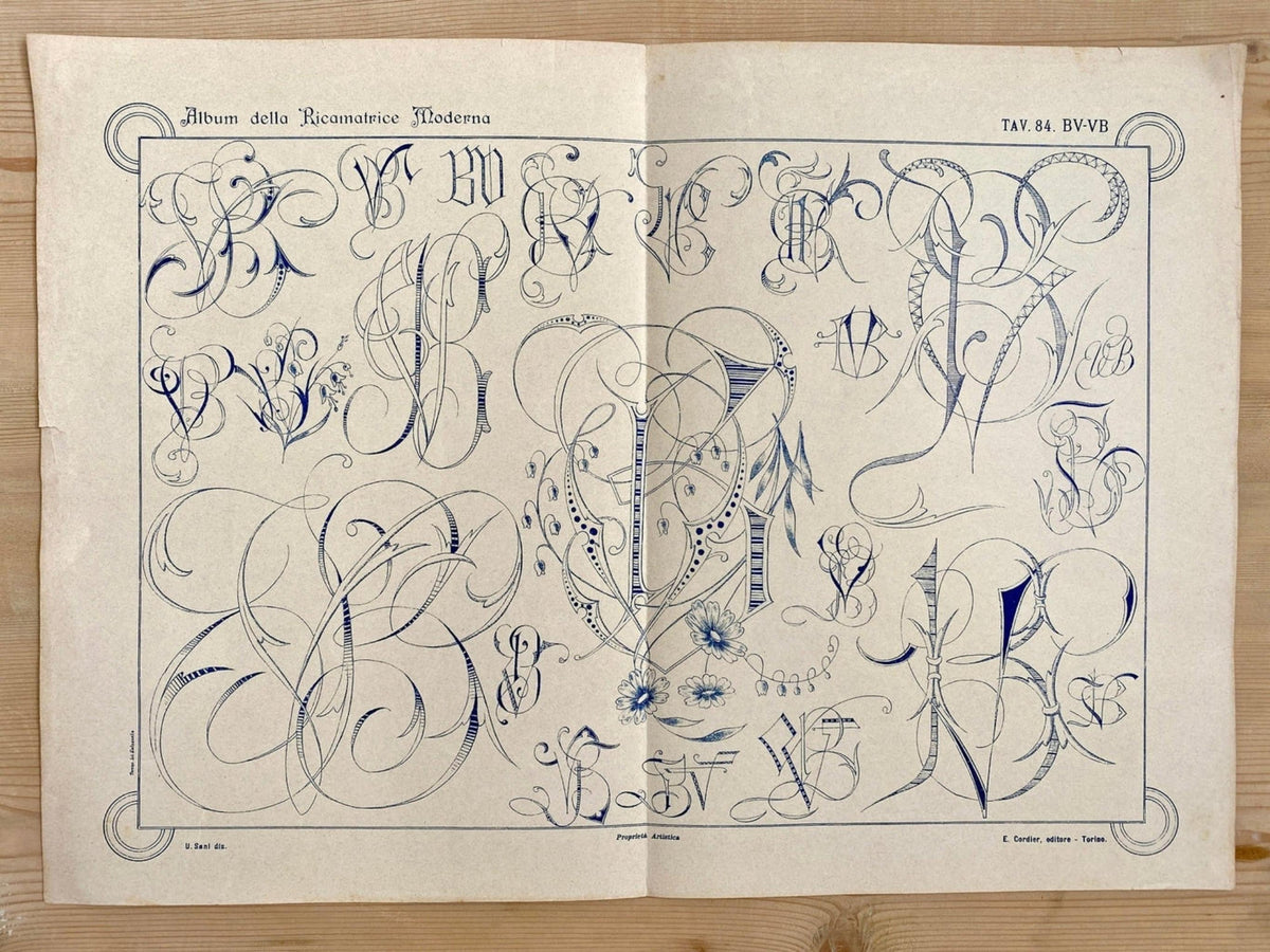 Antike Stickvorlage Stickmuster Jugendstil Initialen BV VB, um 1910