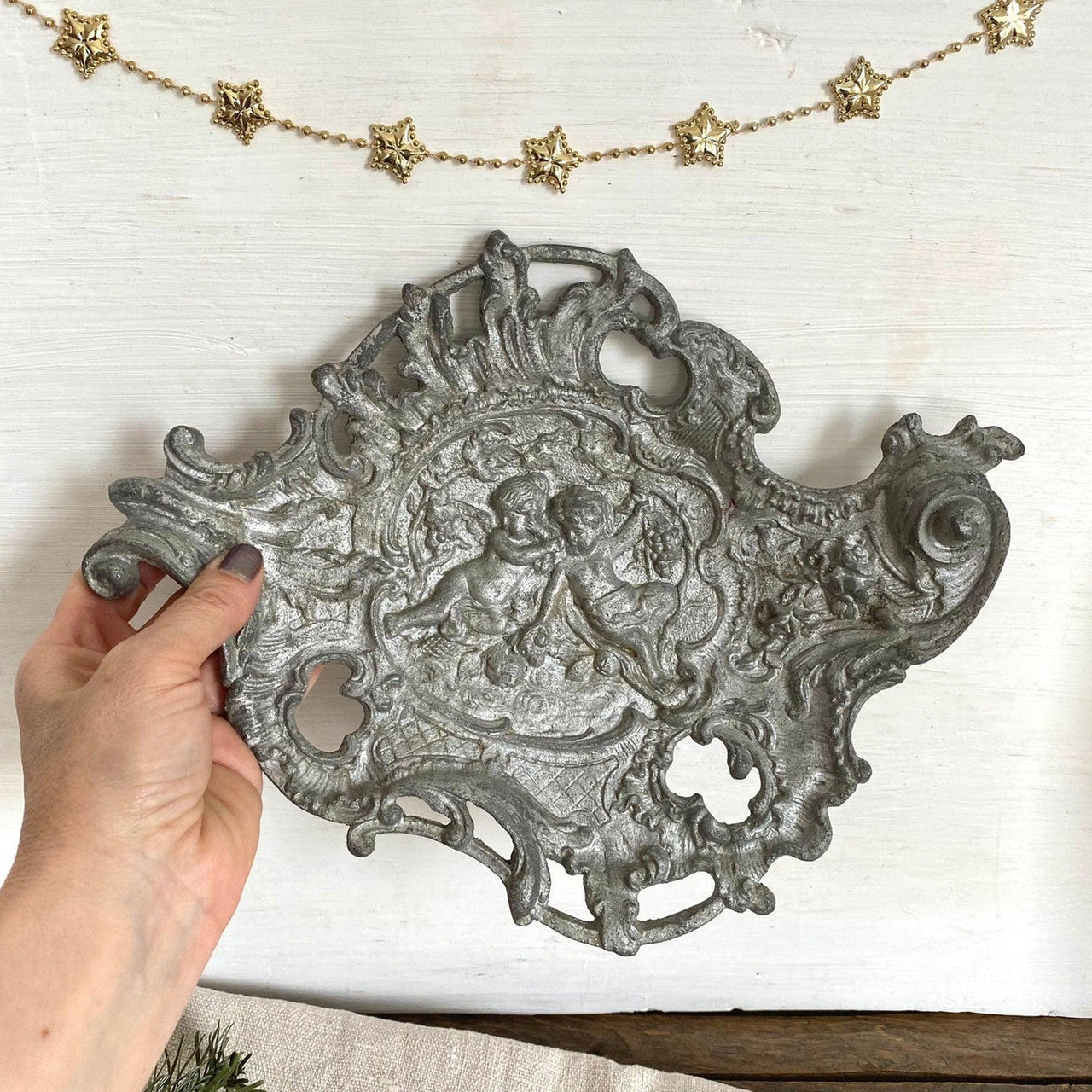 Antique French cast iron tray rococo putti decor, 1900s-vintage-french antiques-SweetAntik