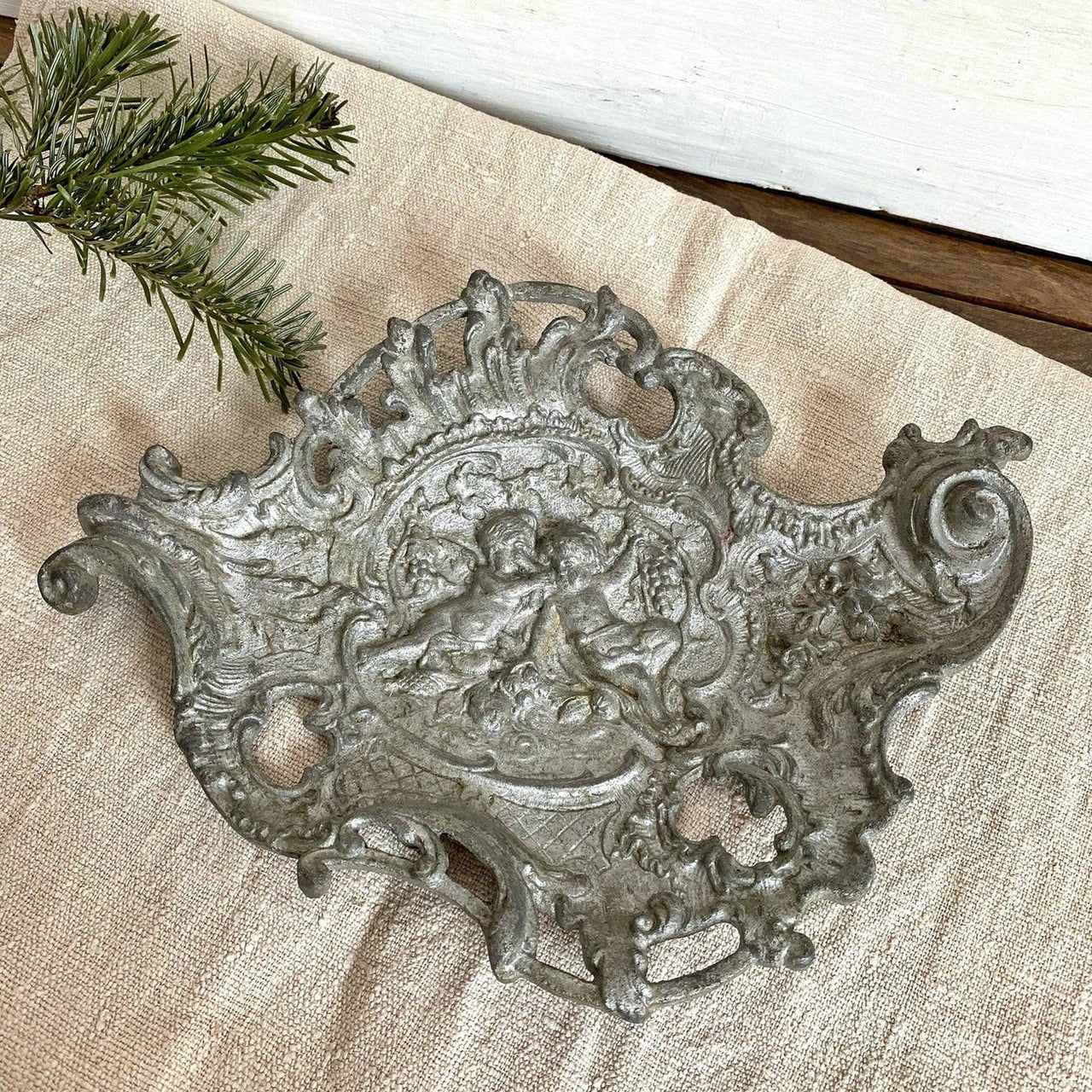 Antique French cast iron tray rococo putti decor, 1900s-vintage-french antiques-SweetAntik