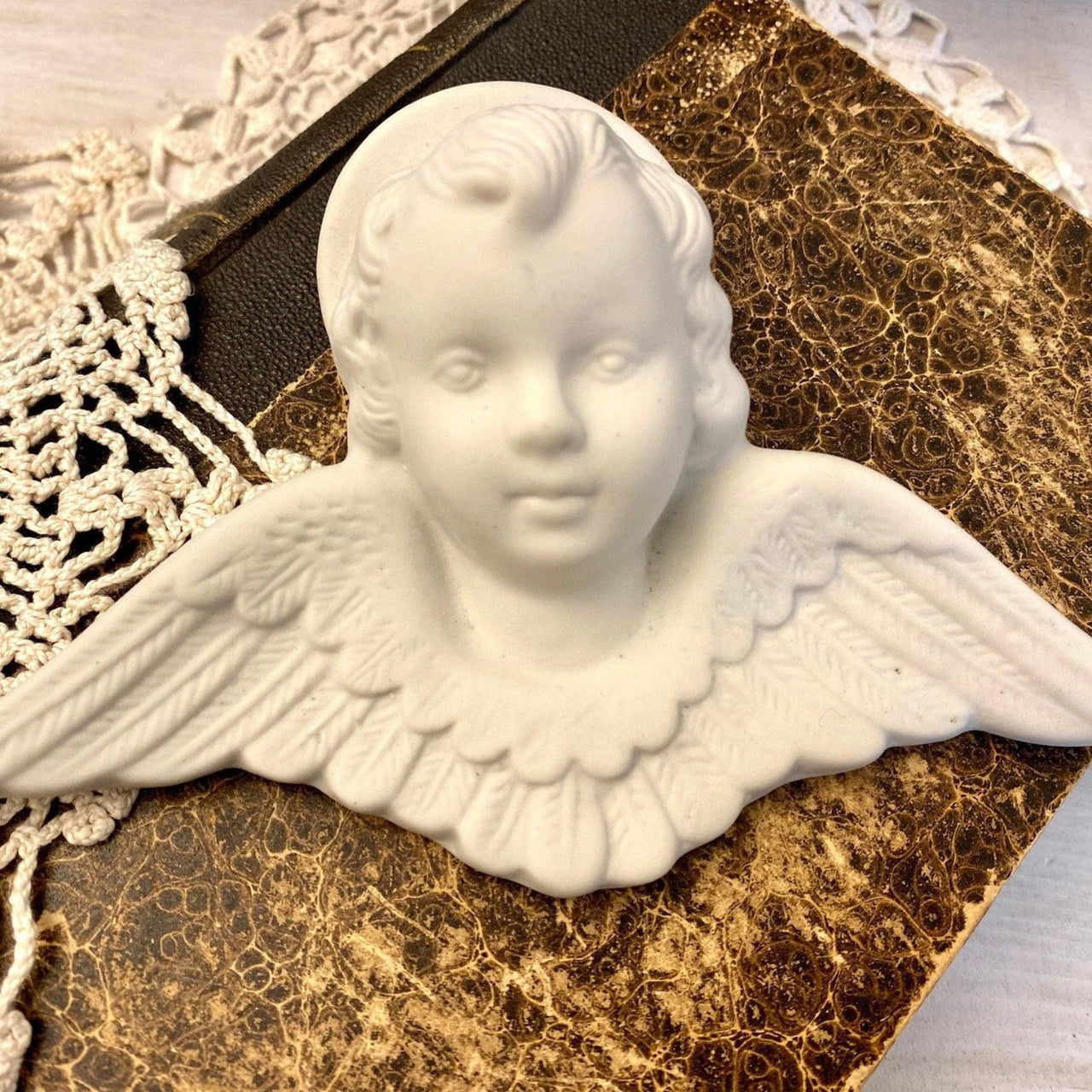 Antique bisque figurine cherub angel wall hanging, 1920s-vintage-religious home decor-SweetAntik