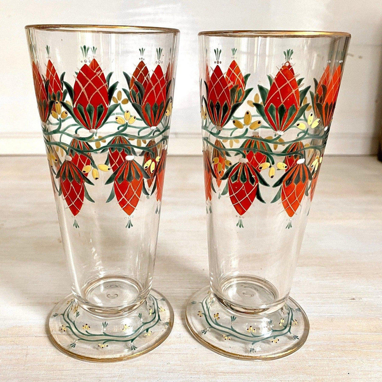 Antique enameled beer glasses hops decor, 1900s-vintage drinking glass-SweetAntik