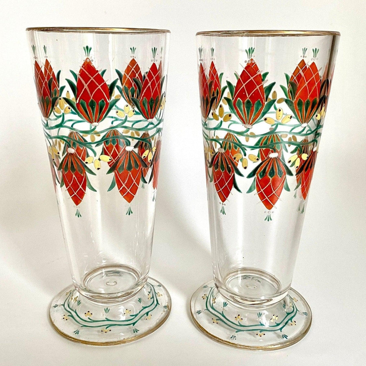 Antique enameled beer glasses hops decor, 1900s-vintage drinking glass-SweetAntik