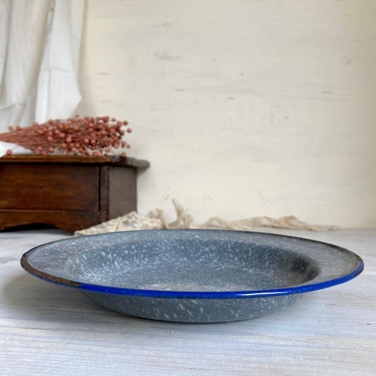 Antique graniteware plate, vintage gray enamel bowl, 1910s-vintage-enamelware-SweetAntik