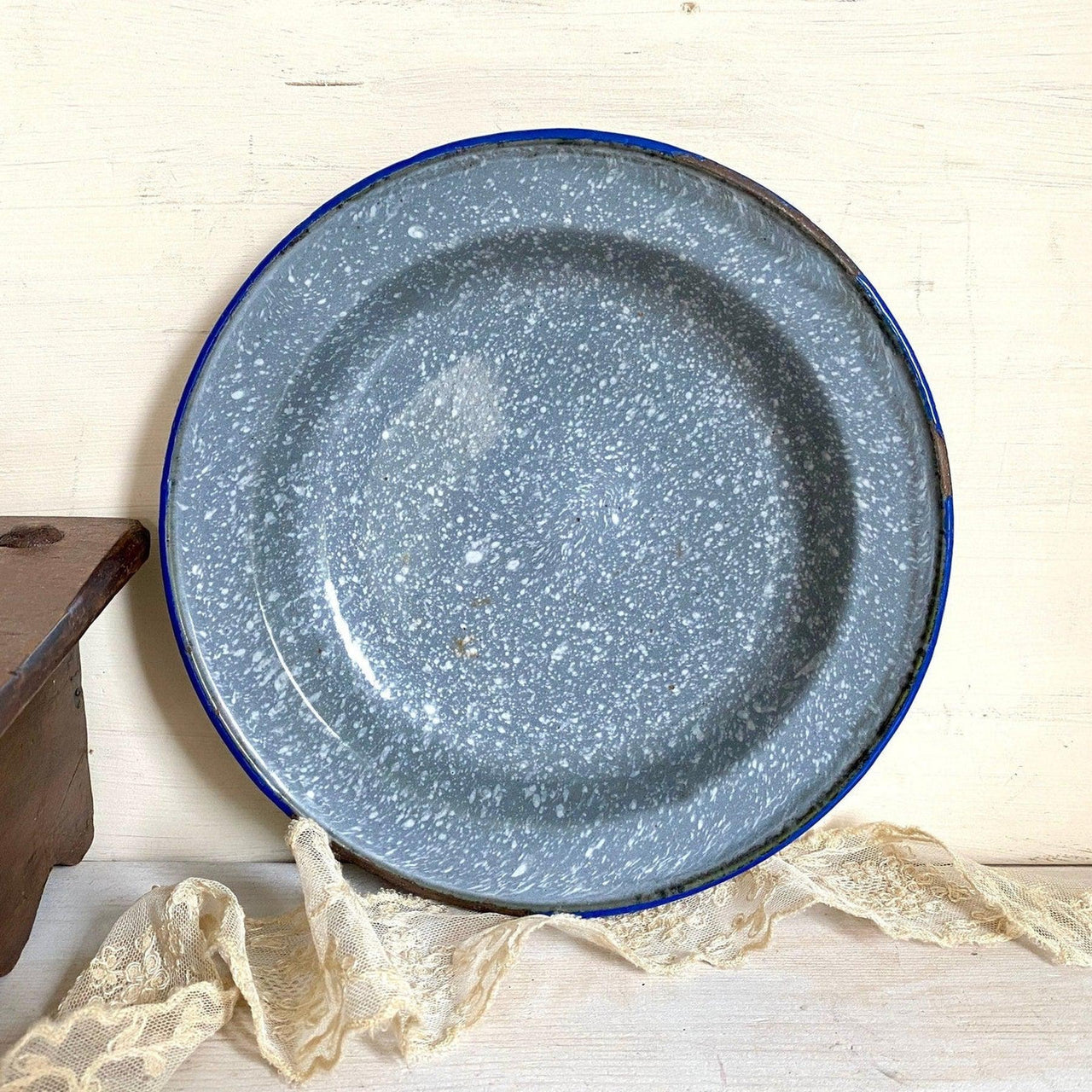 Antique graniteware plate, vintage gray enamel bowl, 1910s-vintage-enamelware-SweetAntik