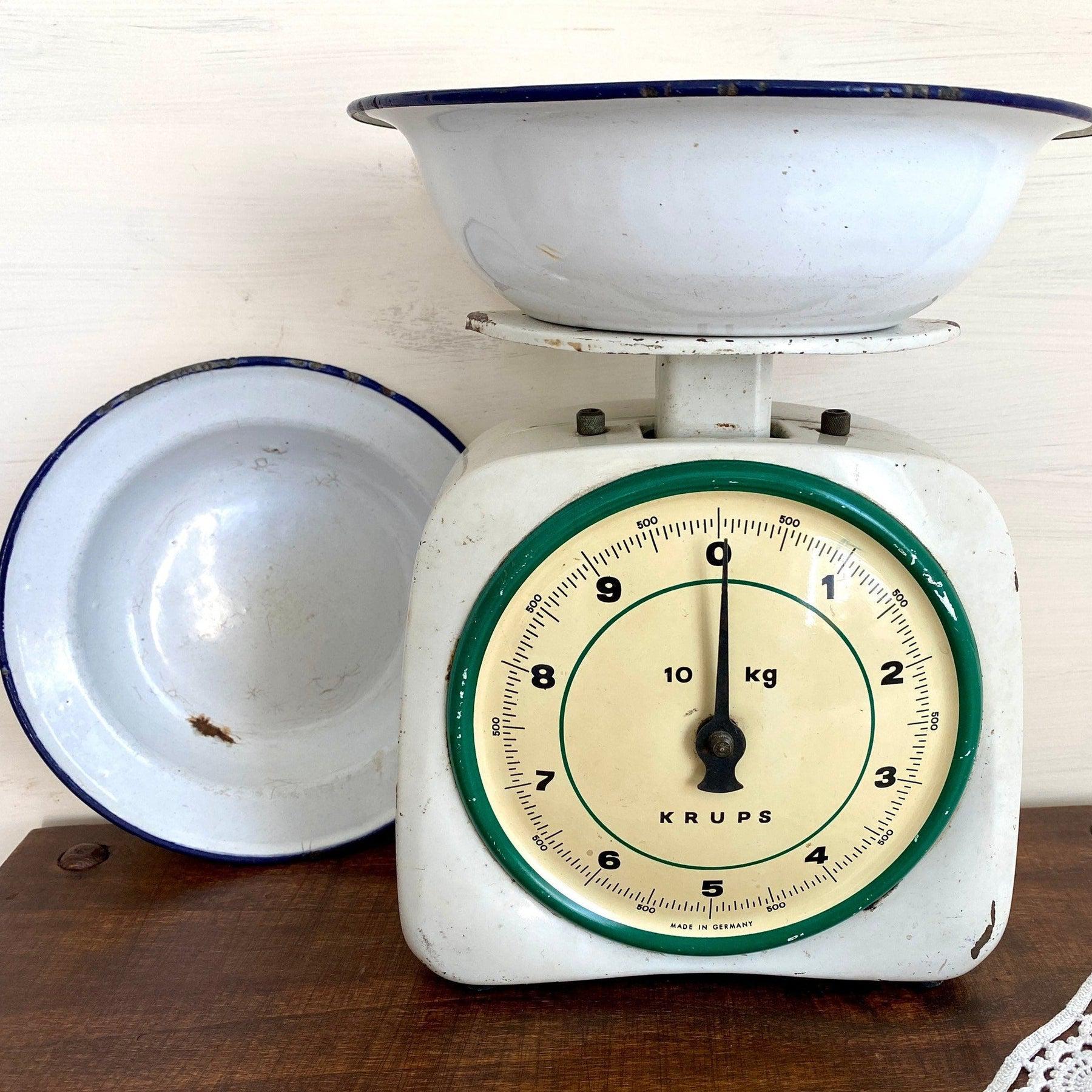 Antique kitchen scale KRUPS with two enameled bowls, 1940s-vintage scales-SweetAntik