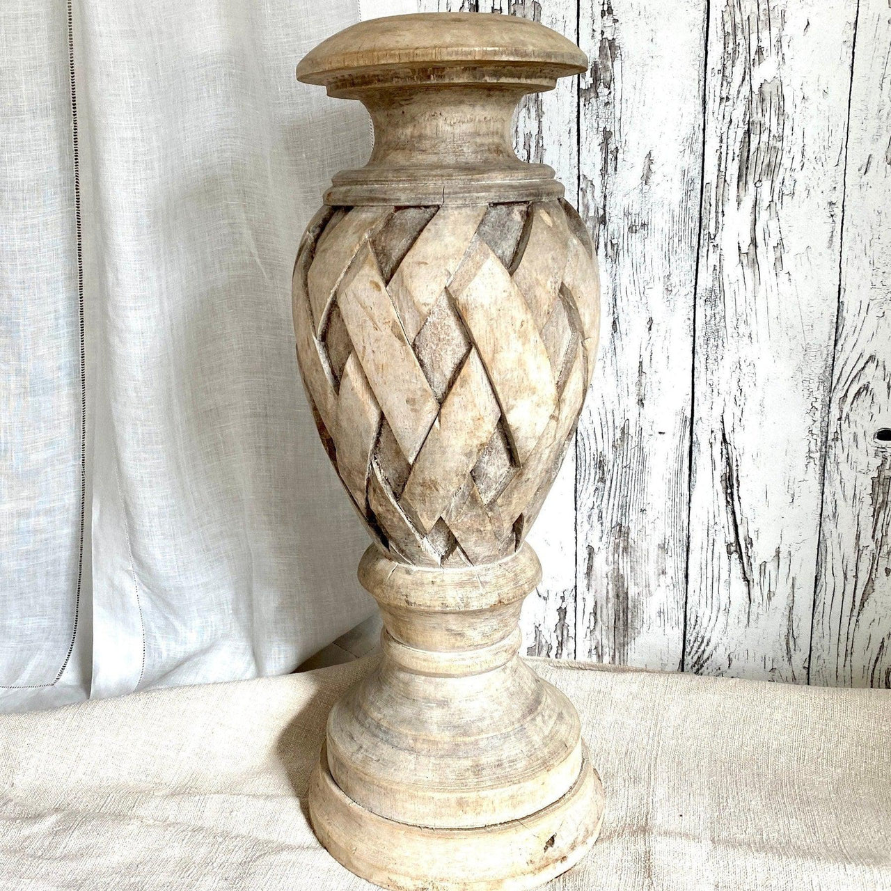 Antique large carved lamp base, distressed urn shaped wooden vase-vintage home decor-SweetAntik