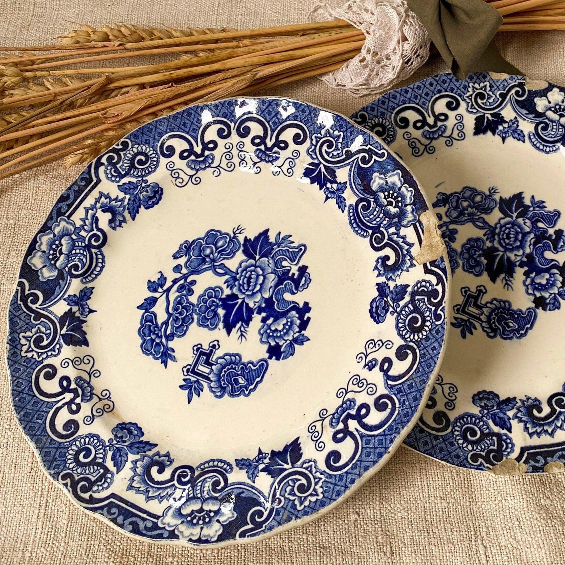 Antique pair blue transferware wall plates, 19th century Richard Italy-vintage blue and white plate-SweetAntik