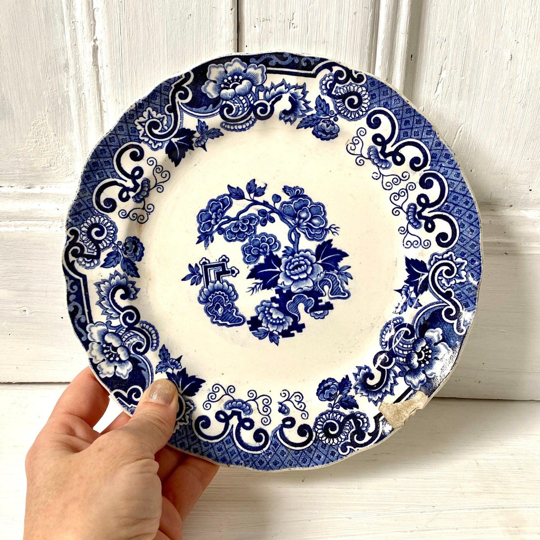 Antique pair blue transferware wall plates, 19th century Richard Italy-vintage blue and white plate-SweetAntik