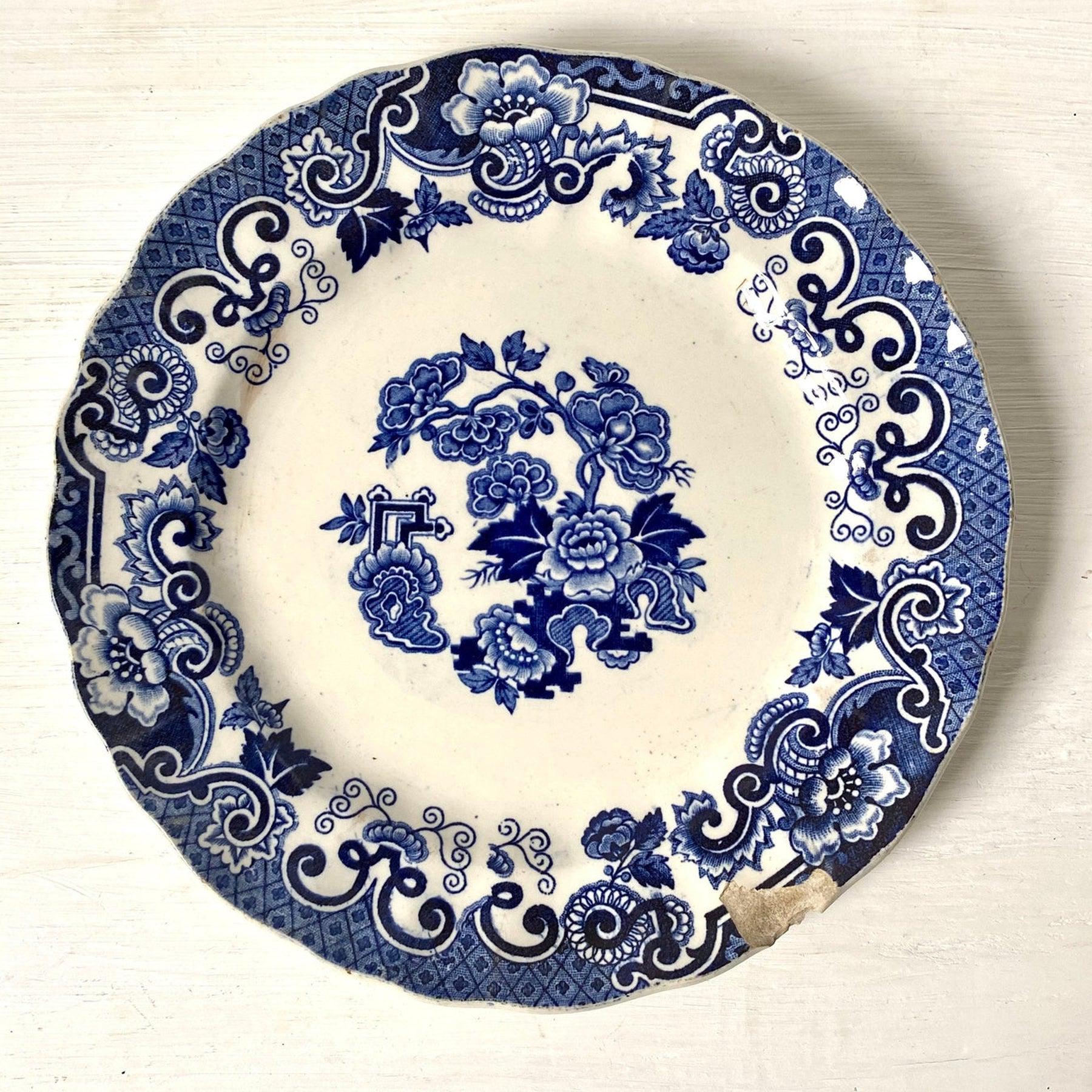 Antique pair blue transferware wall plates, 19th century Richard Italy-vintage blue and white plate-SweetAntik