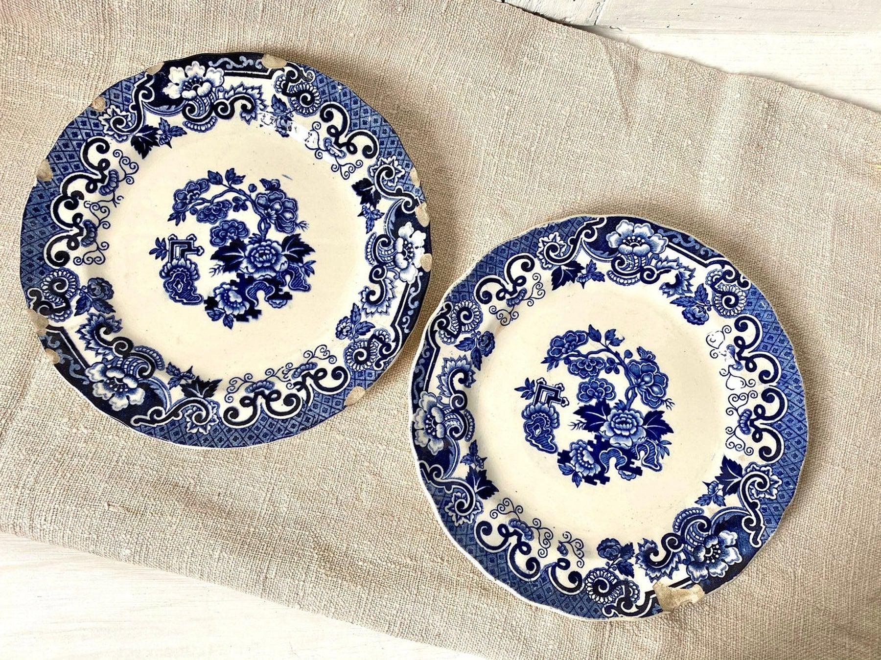 Antique pair blue transferware wall plates, 19th century Richard Italy-vintage blue and white plate-SweetAntik