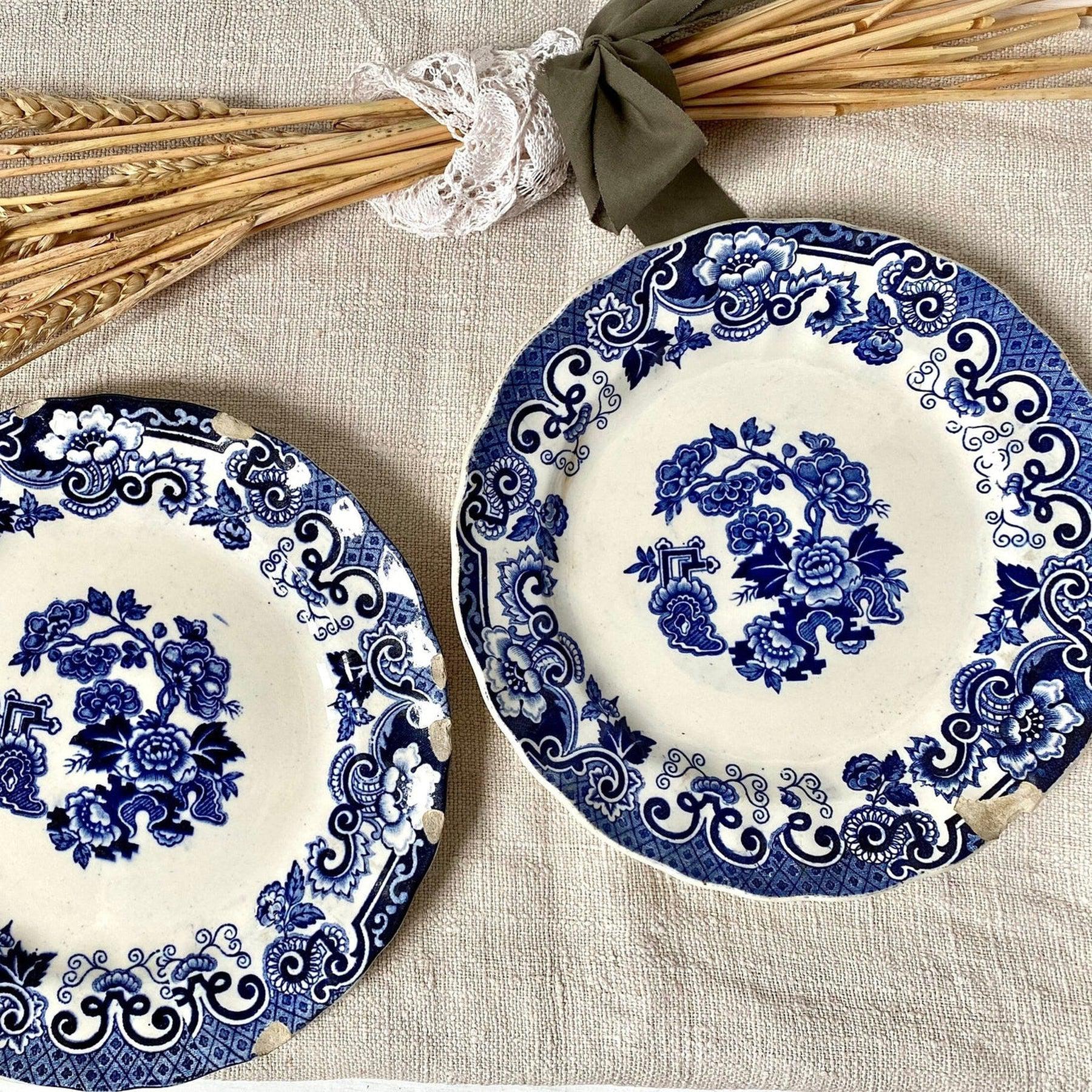 Antique pair blue transferware wall plates, 19th century Richard Italy-vintage blue and white plate-SweetAntik