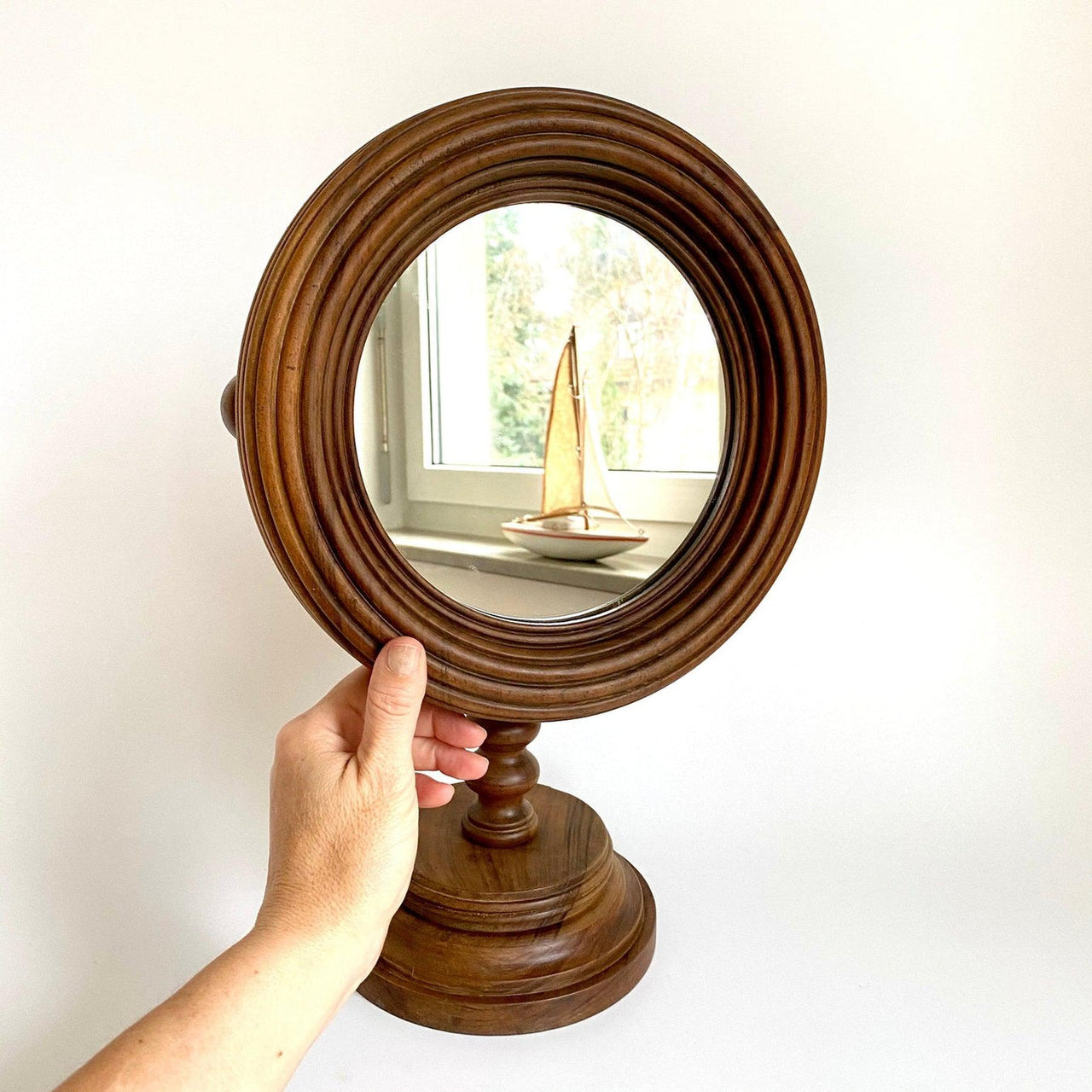 Antique wooden shaving mirror, table mirror with pedestal, 1800s-vintage-SweetAntik