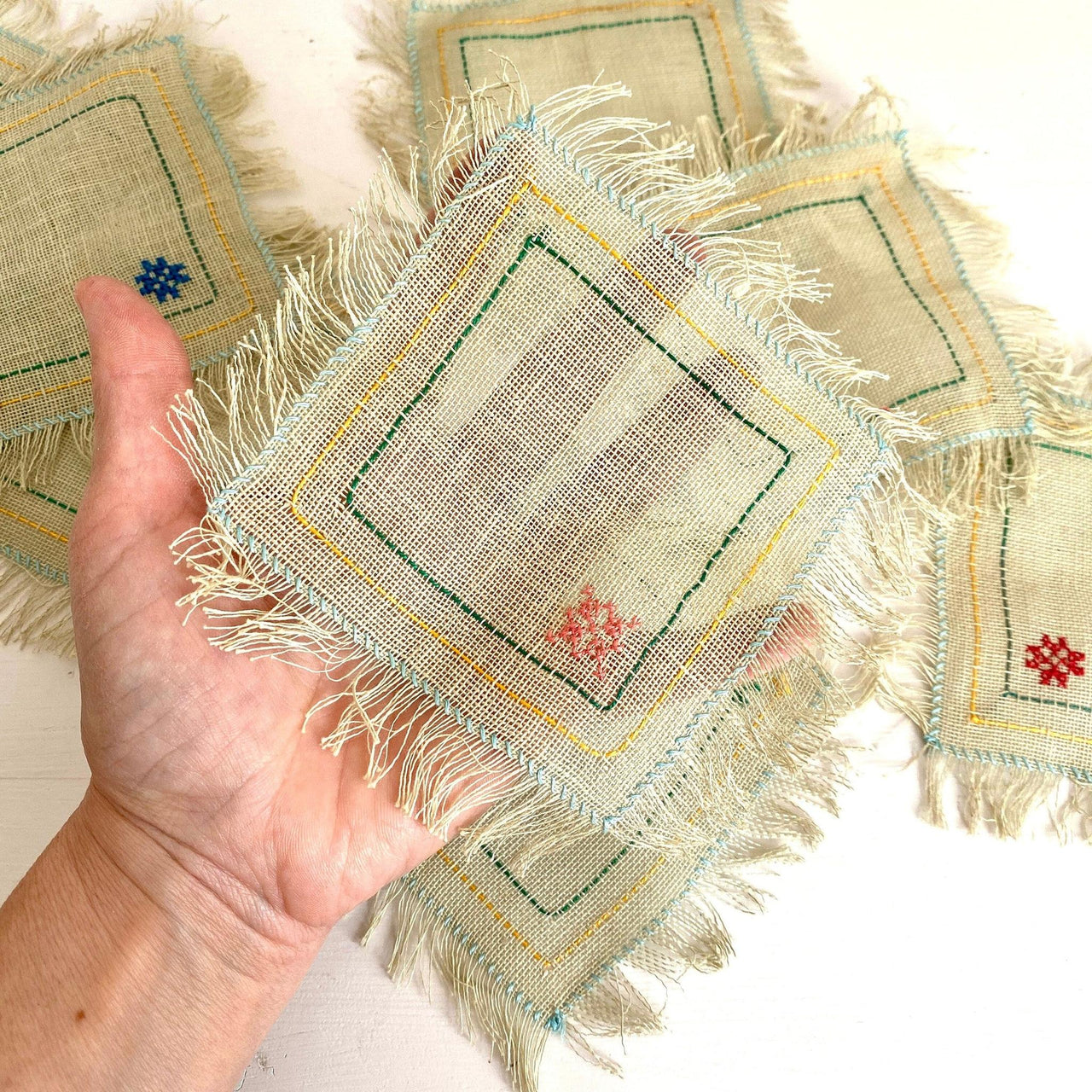Antique tea coaster or napkin hand embroidered canvas 1930s, set of 8-Sweet Antik