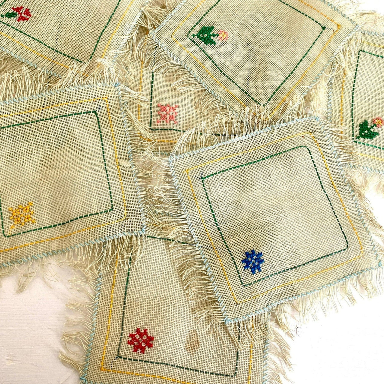 Antique tea coaster or napkin hand embroidered canvas 1930s, set of 8-Sweet Antik