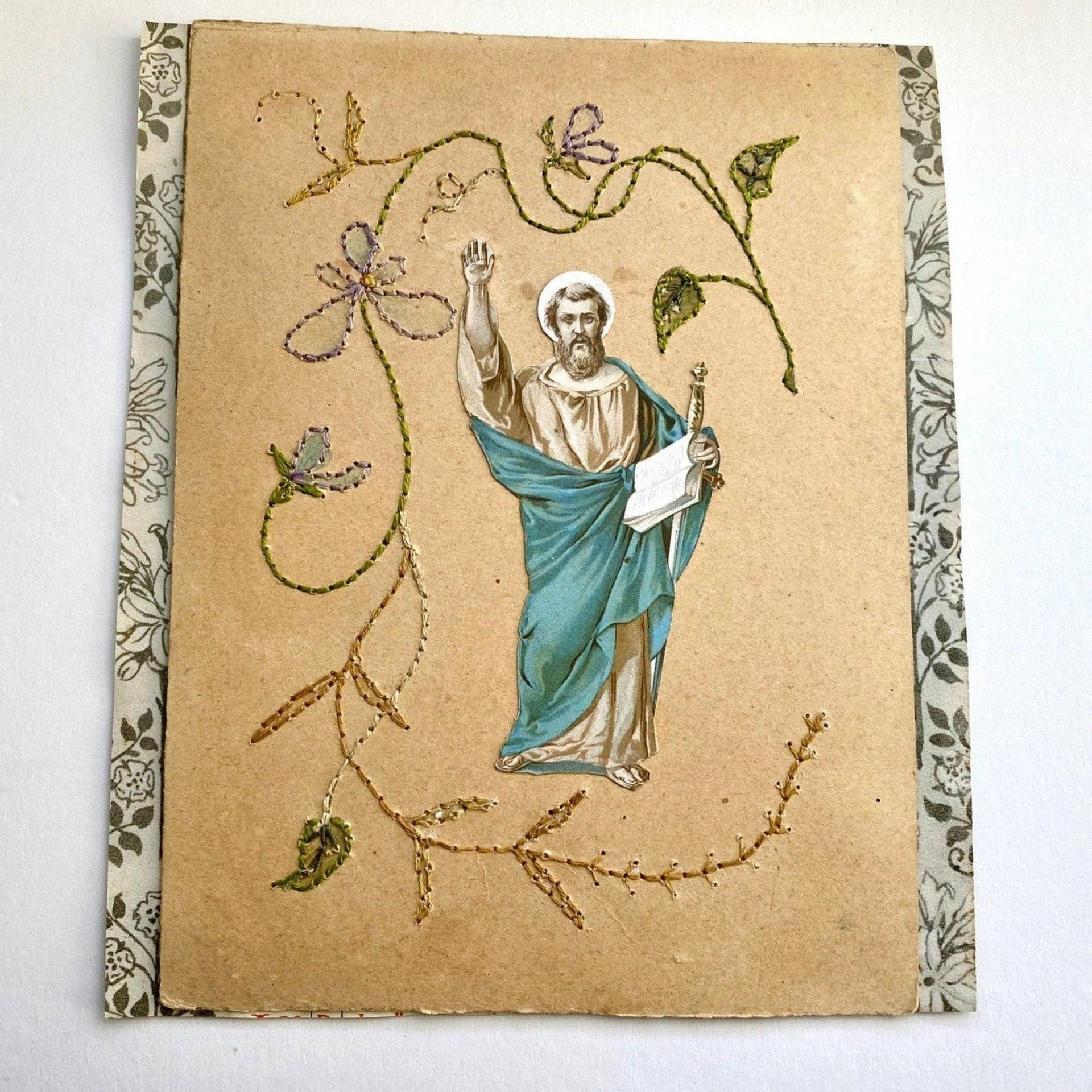 Bestickte Heiligenkarte Antik Hl. Paulus Klosterarbeit, um 1930.