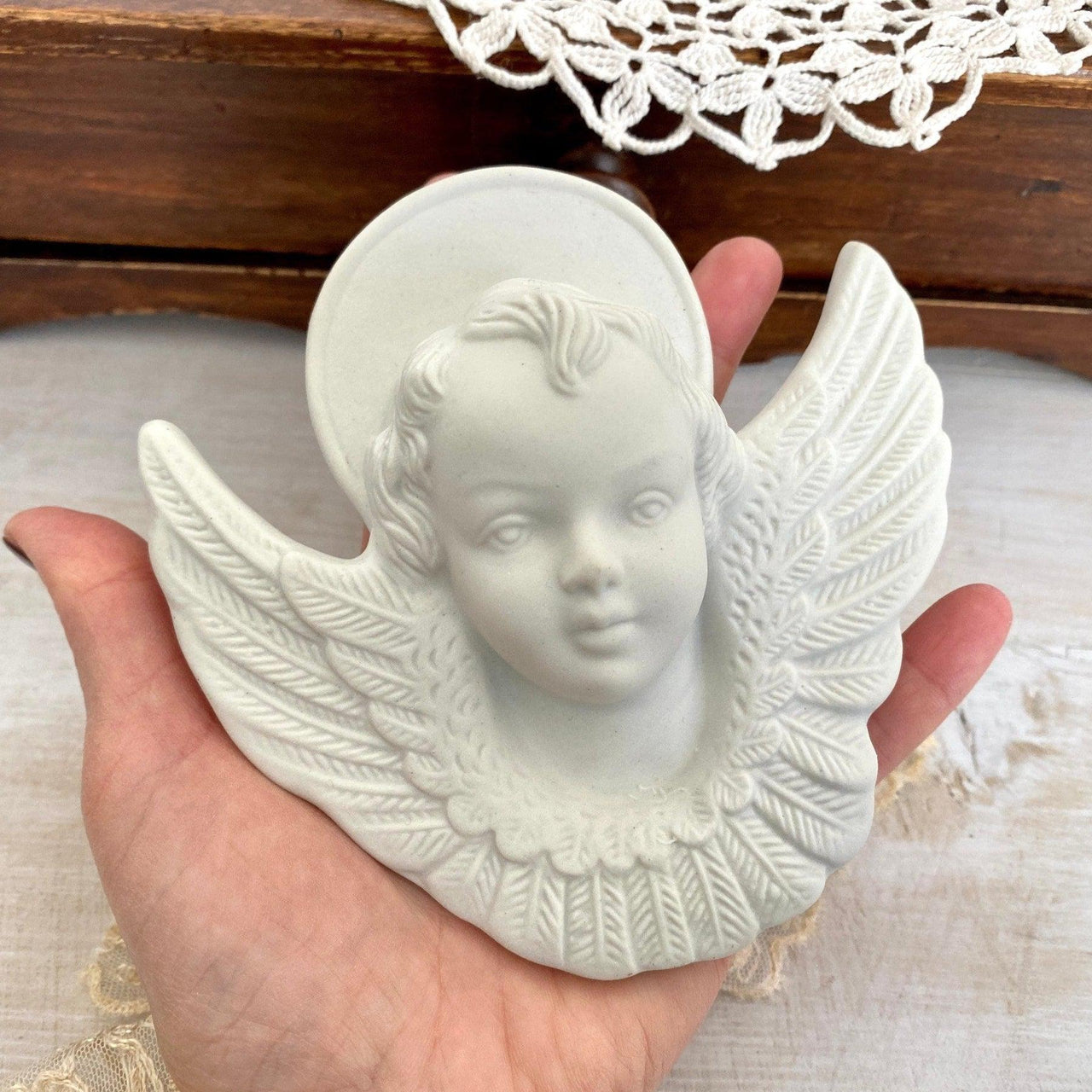 Cherub angel figurine white bisque wall hanging, 1920s-vintage-religious home decor-SweetAntik