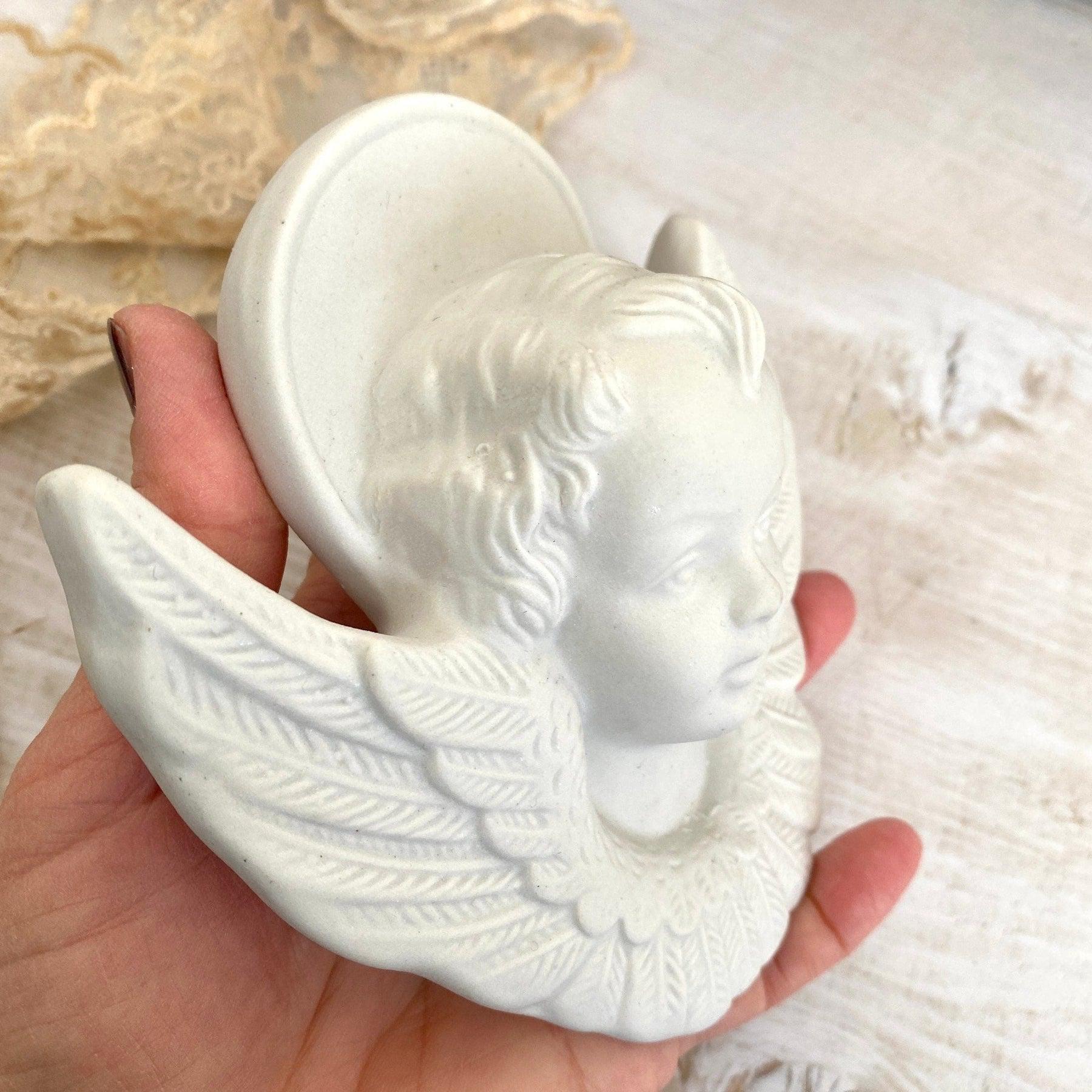 Cherub angel figurine white bisque wall hanging, 1920s-vintage-religious home decor-SweetAntik