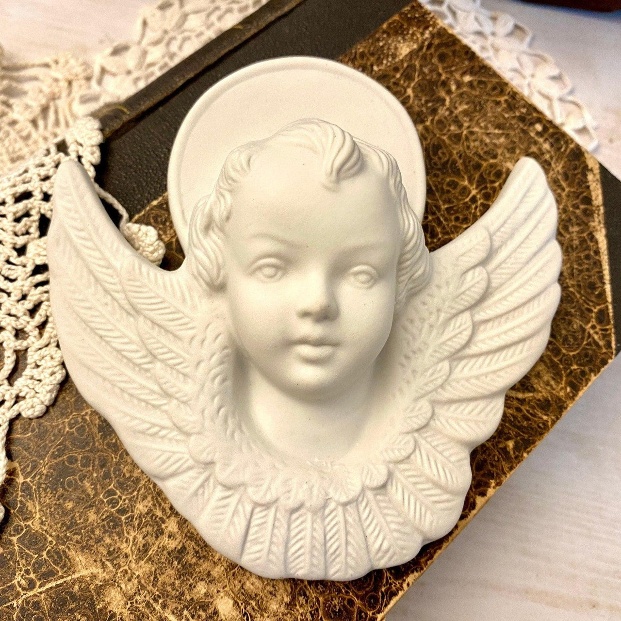 Cherub angel figurine white bisque wall hanging, 1920s-vintage-religious home decor-SweetAntik