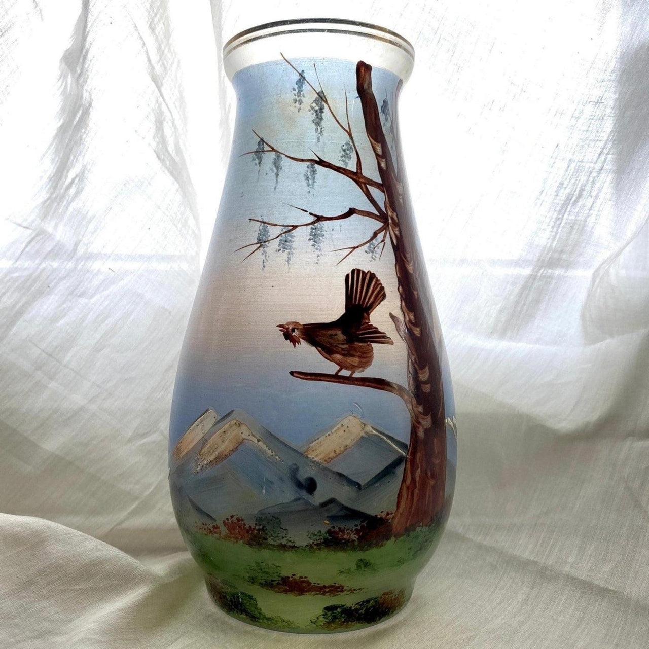 Glasvase Antik Glas Vase Handbemalt Auerhahn 19. Jh.