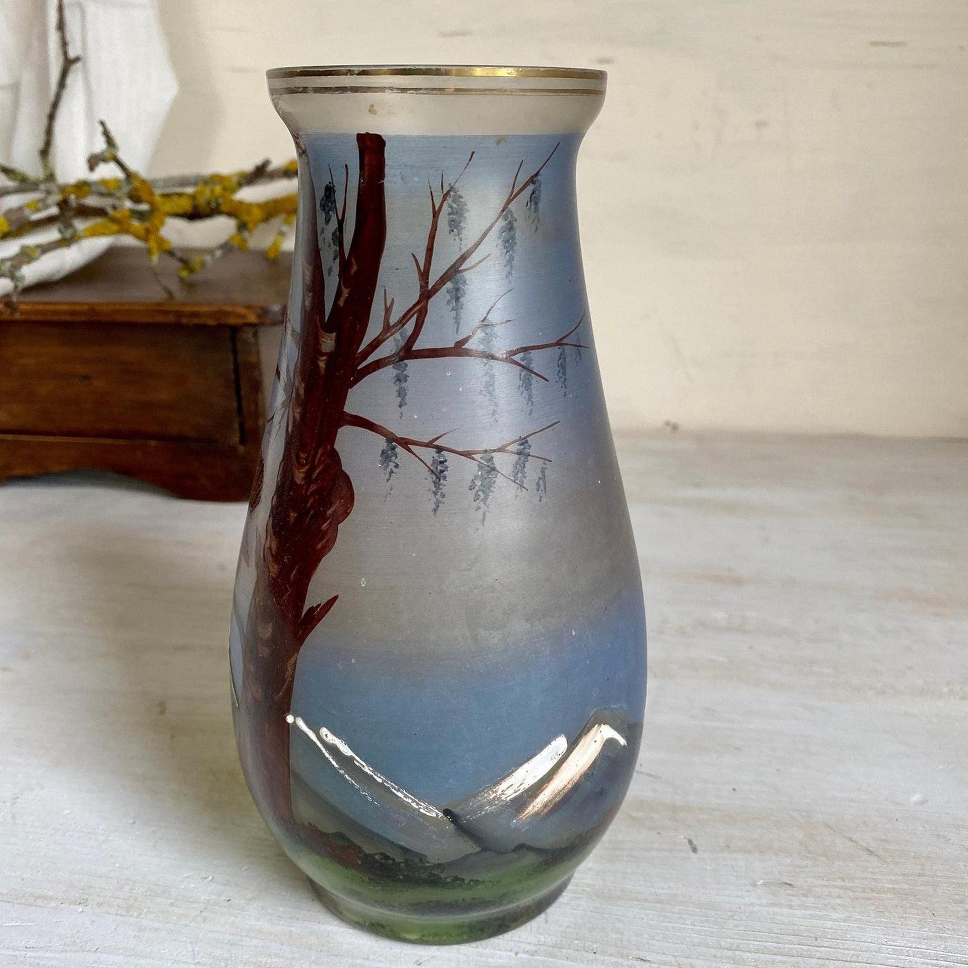 Glasvase Antik Glas Vase Handbemalt Auerhahn 19. Jh.