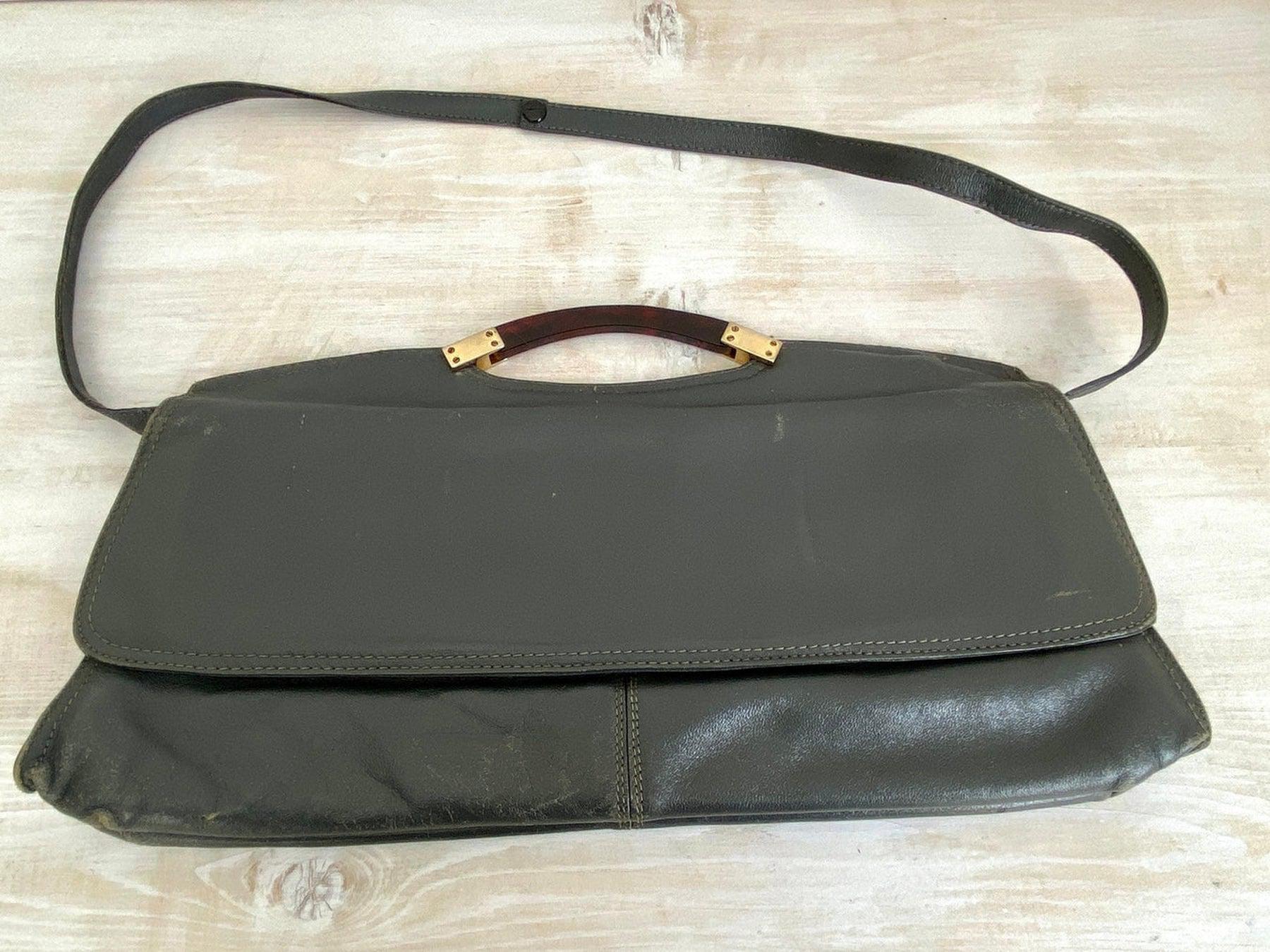 Gray leather handbag with lucite handle, made in Italy 1970s-vintage-purse-SweetAntik