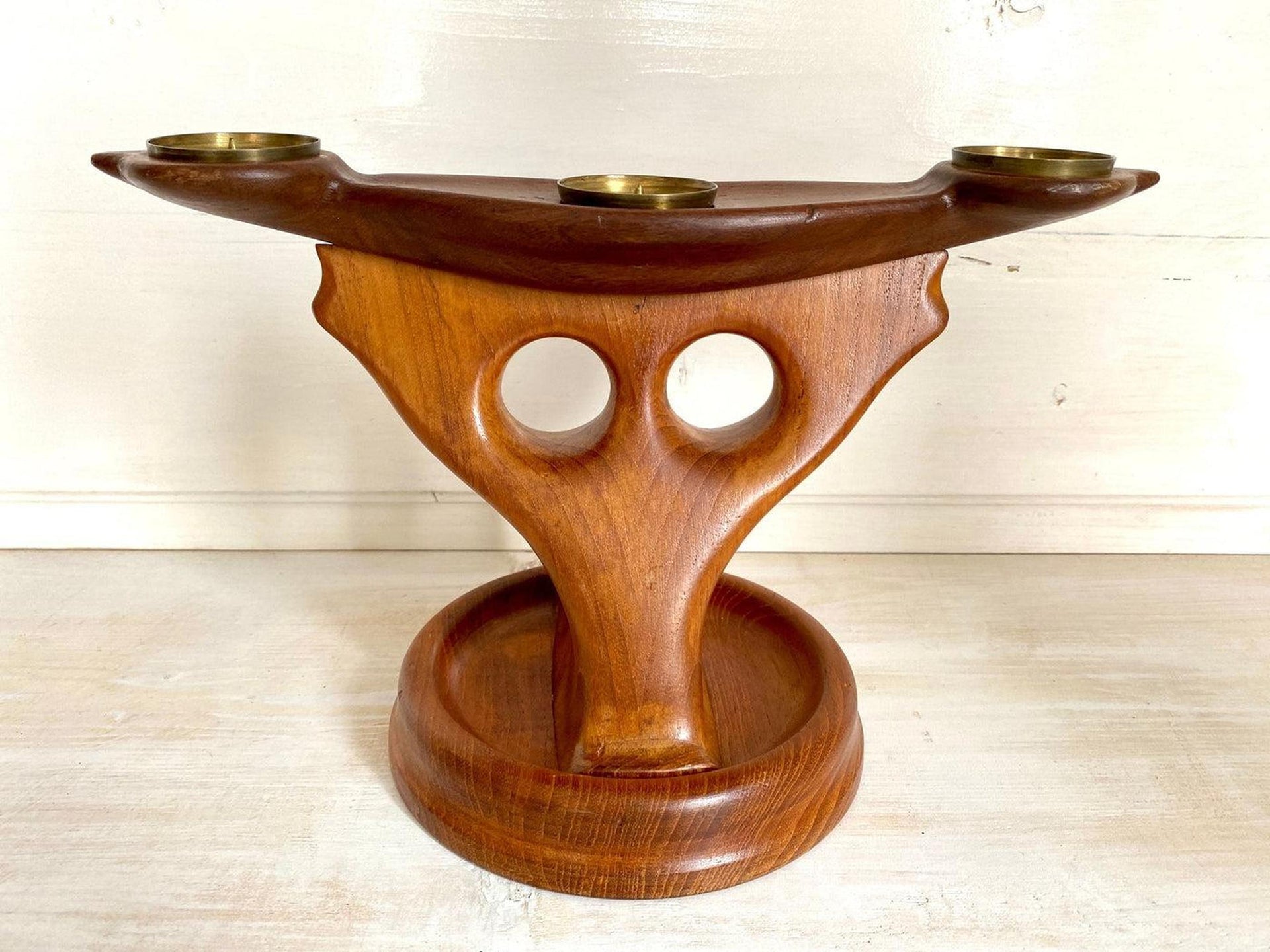Midcentury Kerzenständer aus Teak Holz Skulptur handgeschnitzt, 60er Jahre
