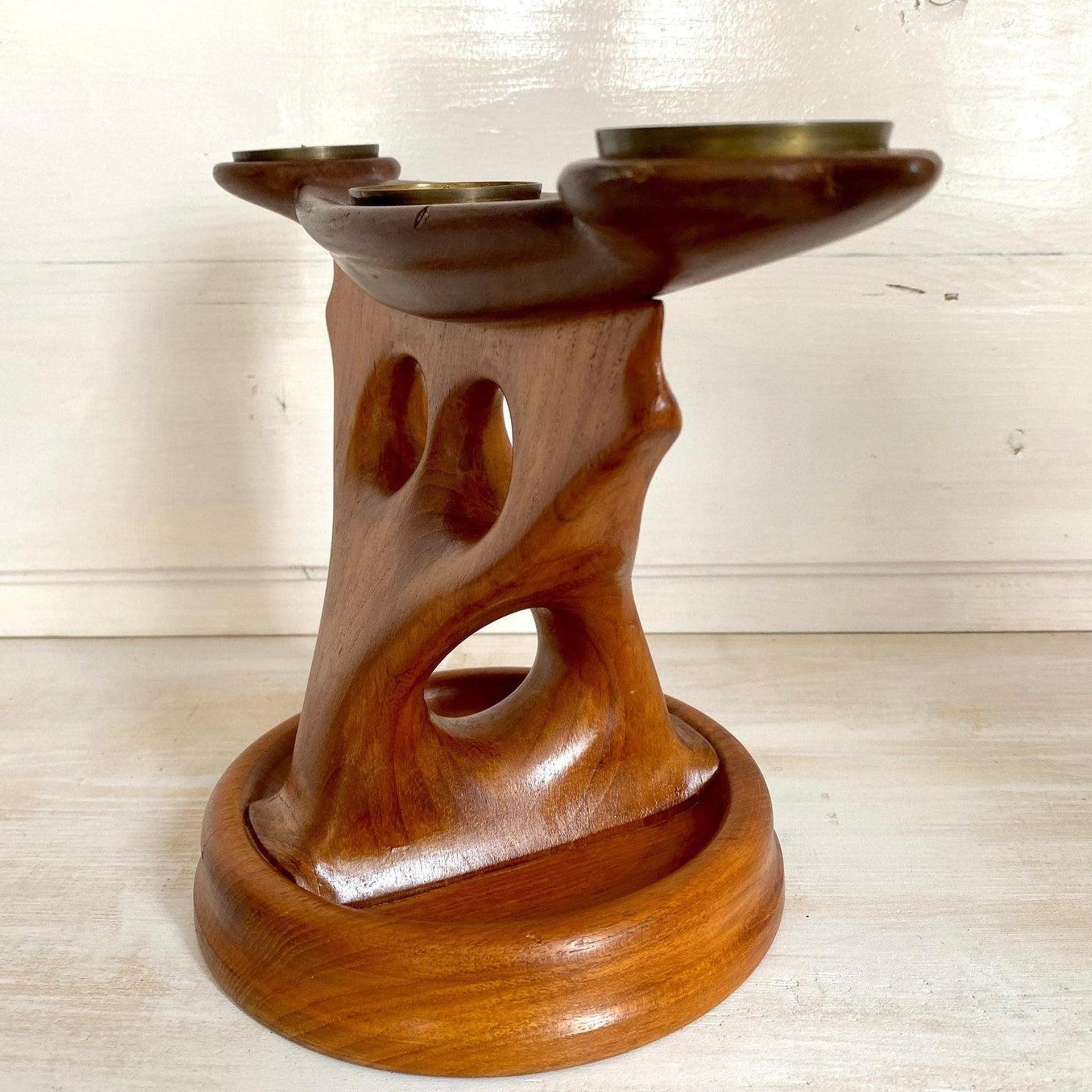 Midcentury Kerzenständer aus Teak Holz Skulptur handgeschnitzt, 60er Jahre