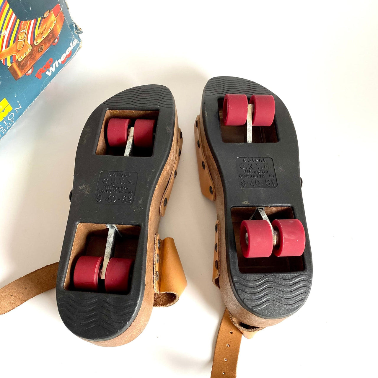 Pop out skates, leather platform sandals with wheels, size 9, 1970s-vintage-toys-SweetAntik