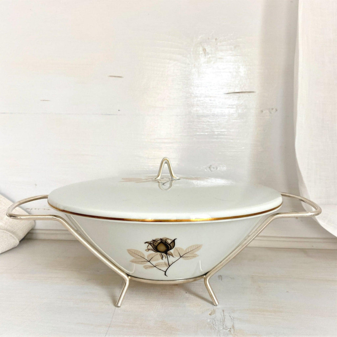 Rosenthal Schattenrose Suppenterrine mit Ständer, Form 2000, 60er