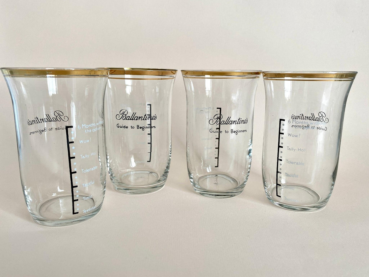 Vintage Ballantines whiskey glass set "Guide to Beginners", 1950s long drink tumblers-Sweet Antik