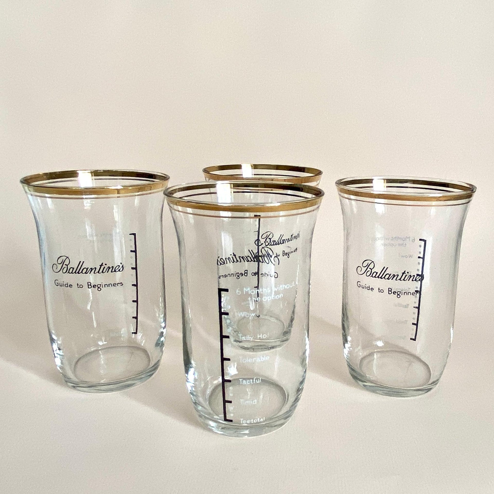 Vintage Ballantines whiskey glass set "Guide to Beginners", 1950s long drink tumblers-Sweet Antik