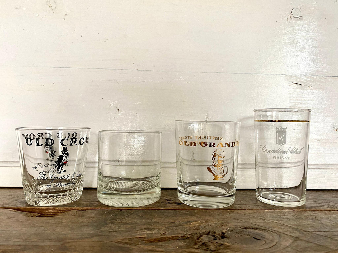 Vintage whiskey tumbler glass 60s Old Crow, Canadian Club Whisky, Old Grand Dad Bourbon, set of 4-Sweet Antik