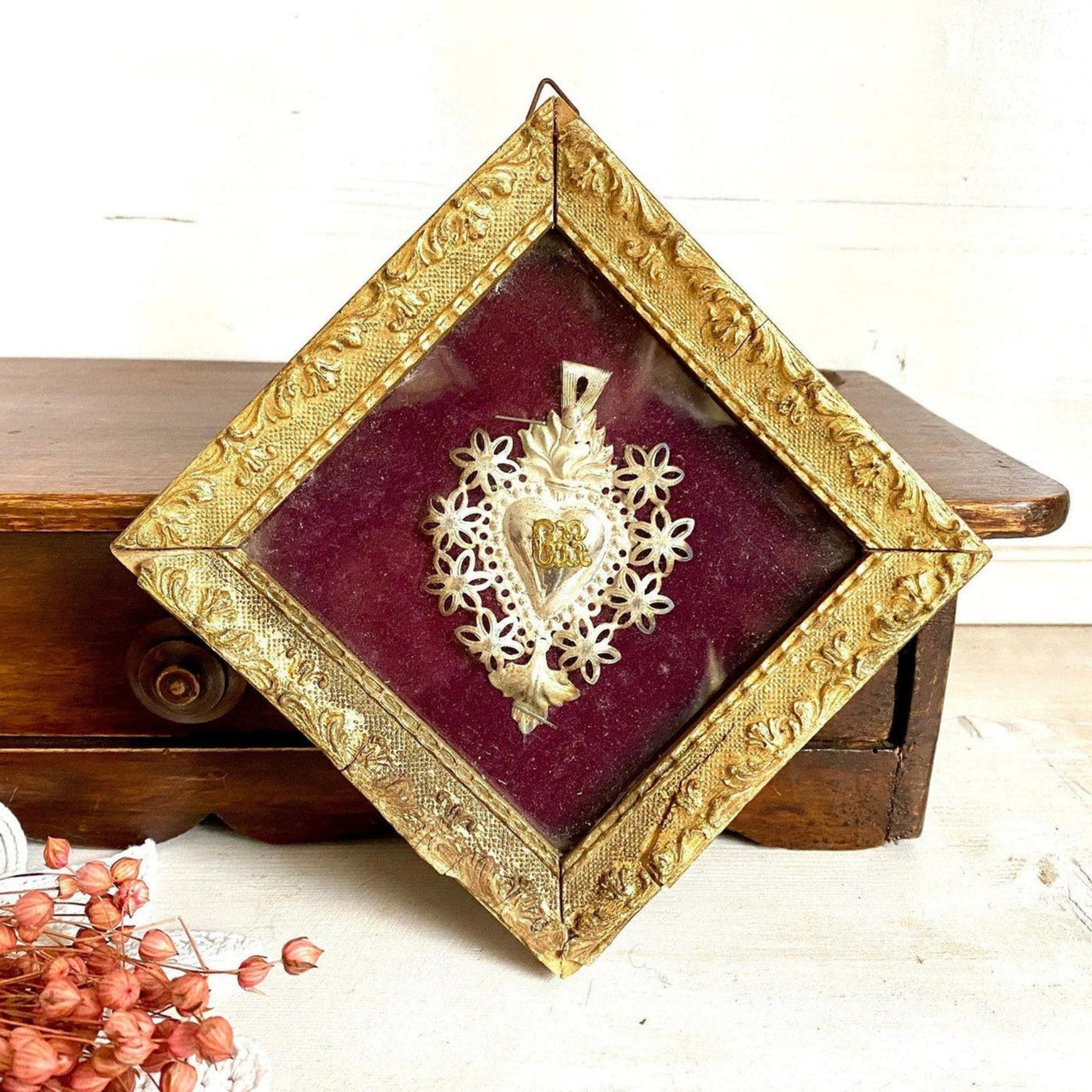 Votivgabe Ex Voto Herz mit Holzrahmen Wandbehang 30er Jahre