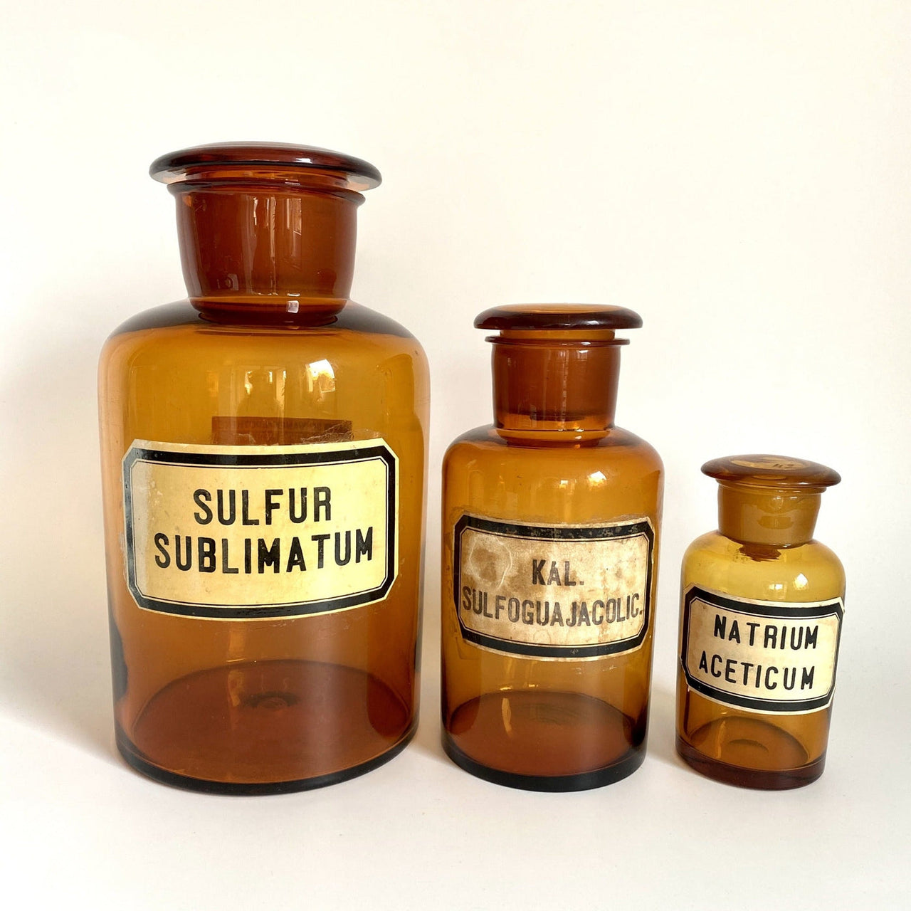 Antique apothecary amber glass jars with labels, set of 3-vintage-pharmacy bottle-SweetAntik