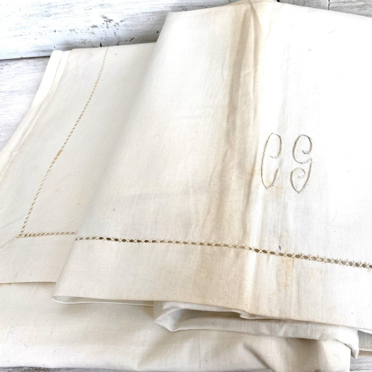 Antique bed sheet white cotton monogrammed CG-vintage-bed linen-SweetAntik