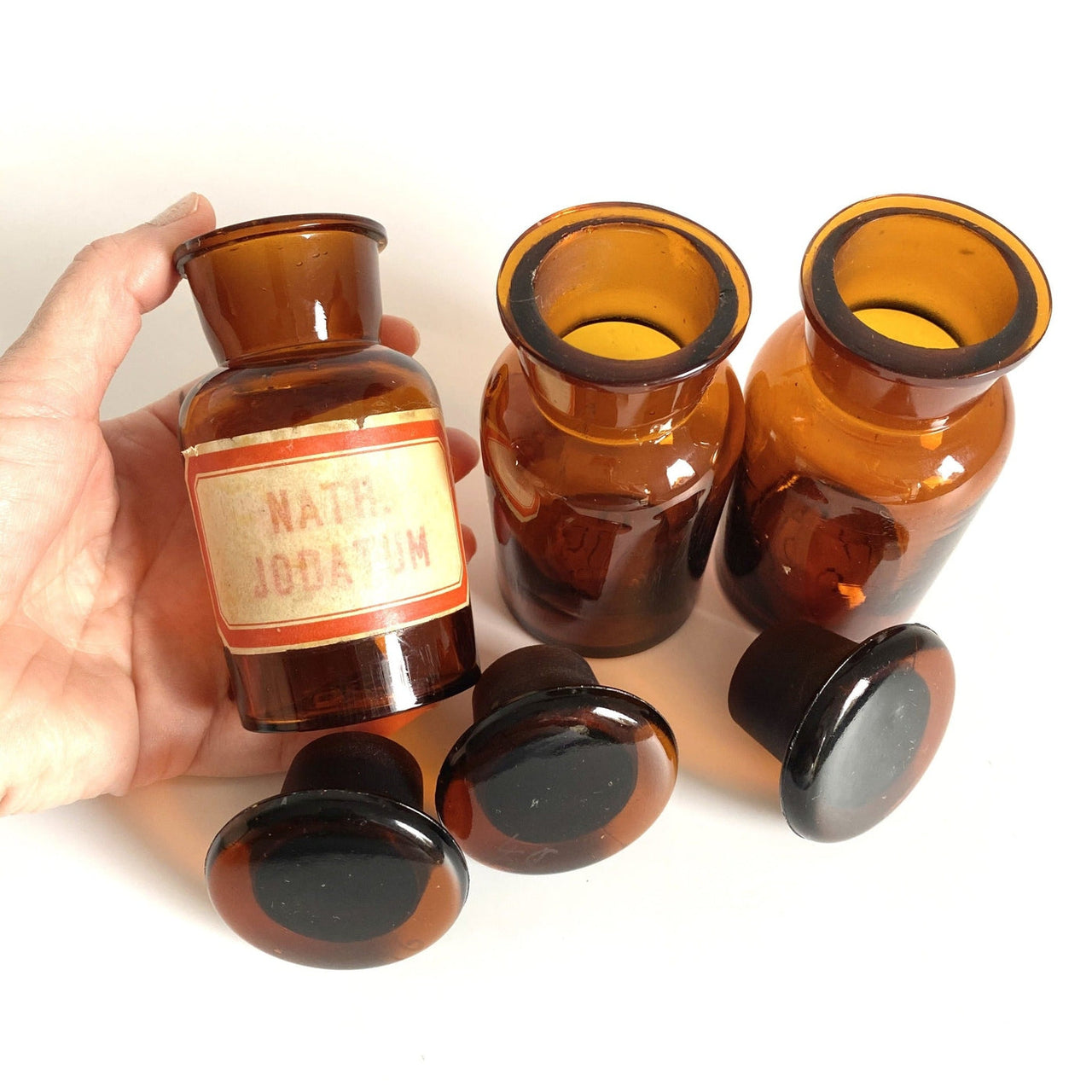 Antique small apothecary jars amber glass, set of 3-vintage-Apothecary Bottle-SweetAntik