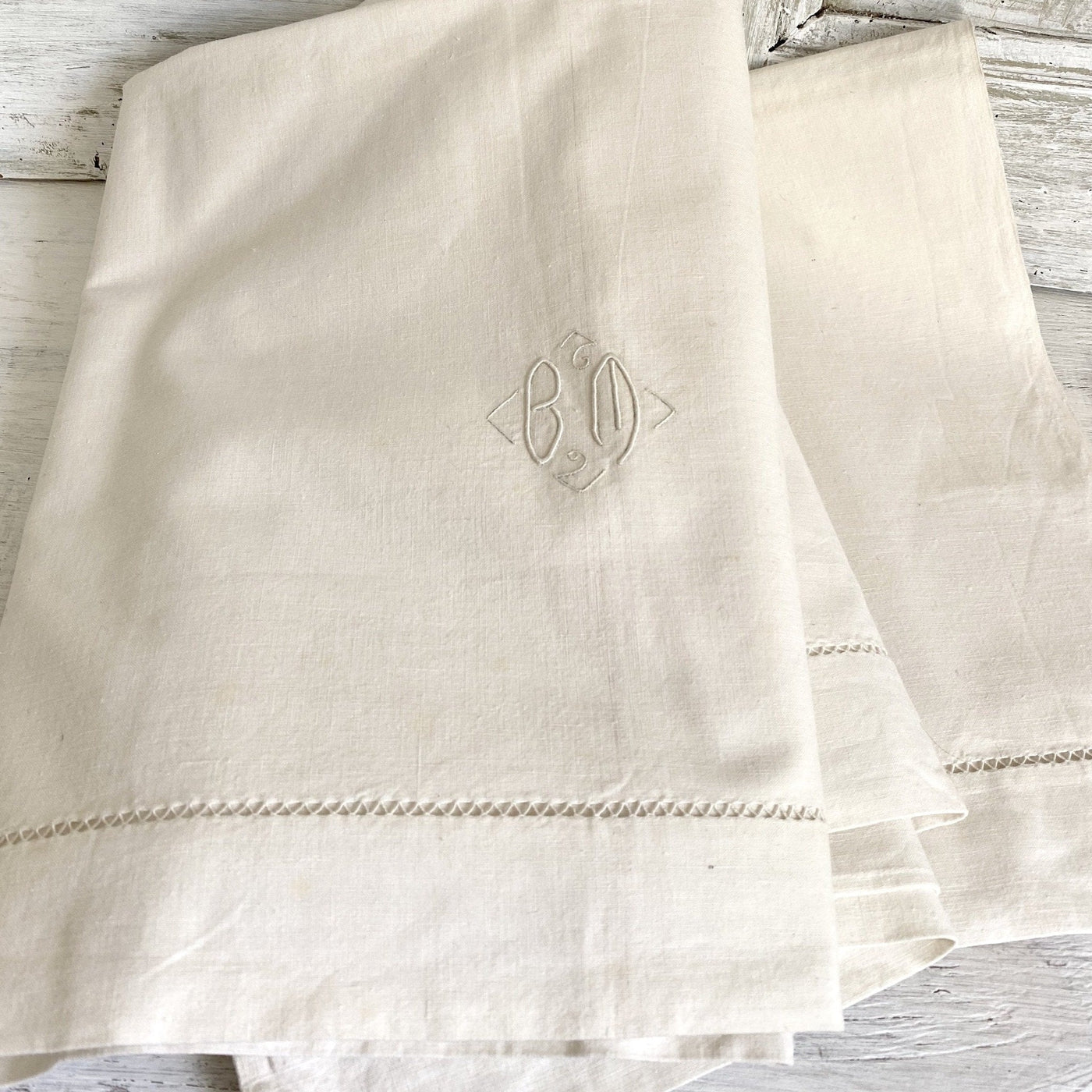 Antique white bed sheet, embroidered monogram BM, 1930s-vintage-Bed sheet-SweetAntik