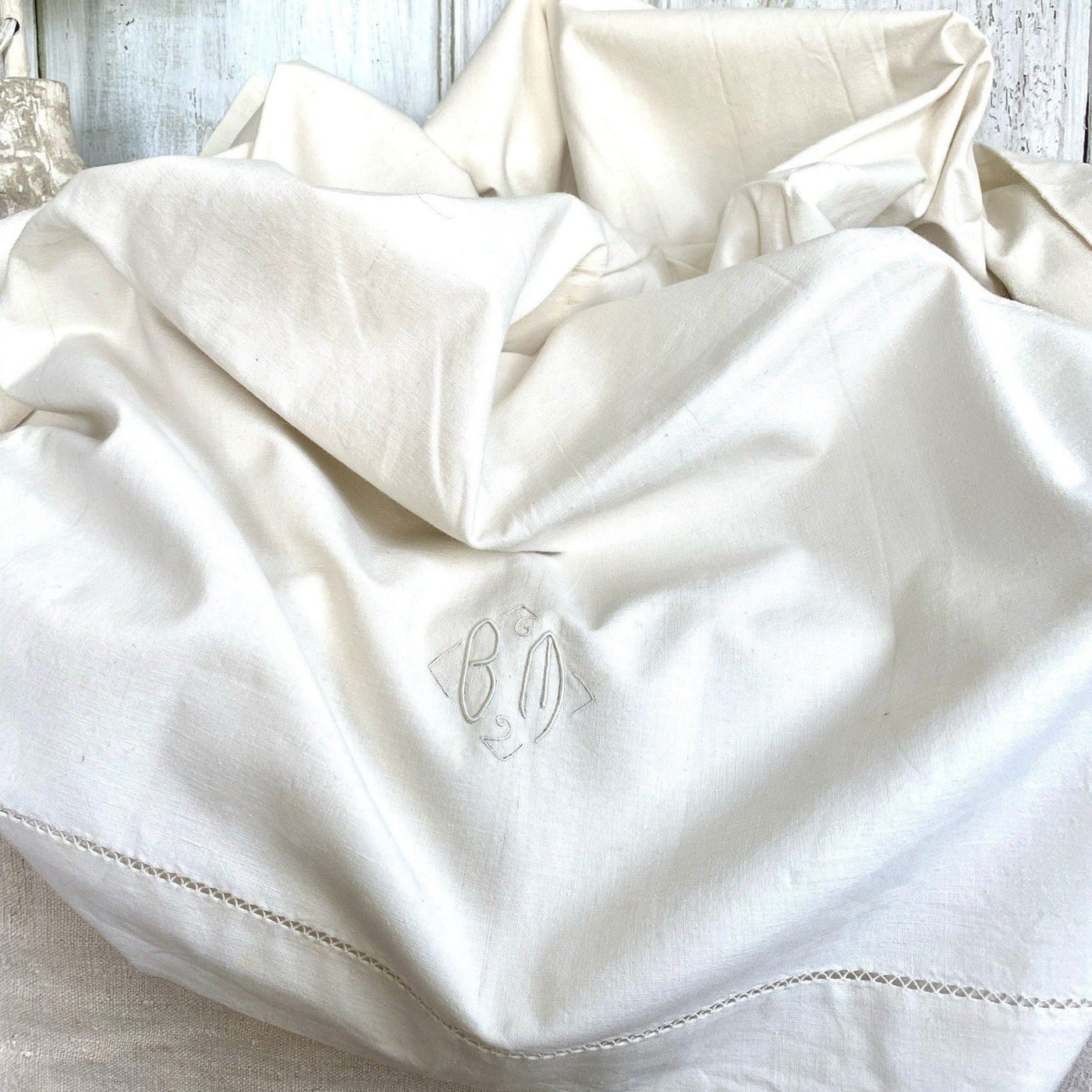 Antique white bed sheet, embroidered monogram BM, 1930s-vintage-Bed sheet-SweetAntik