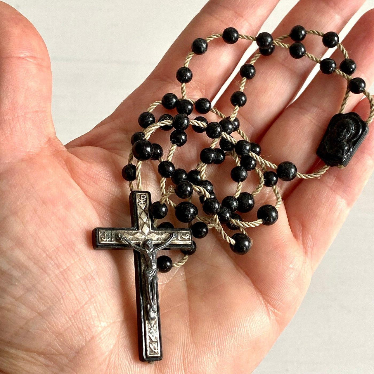 Black rosary with silver plated cross, 1960s-vintage-religious-SweetAntik