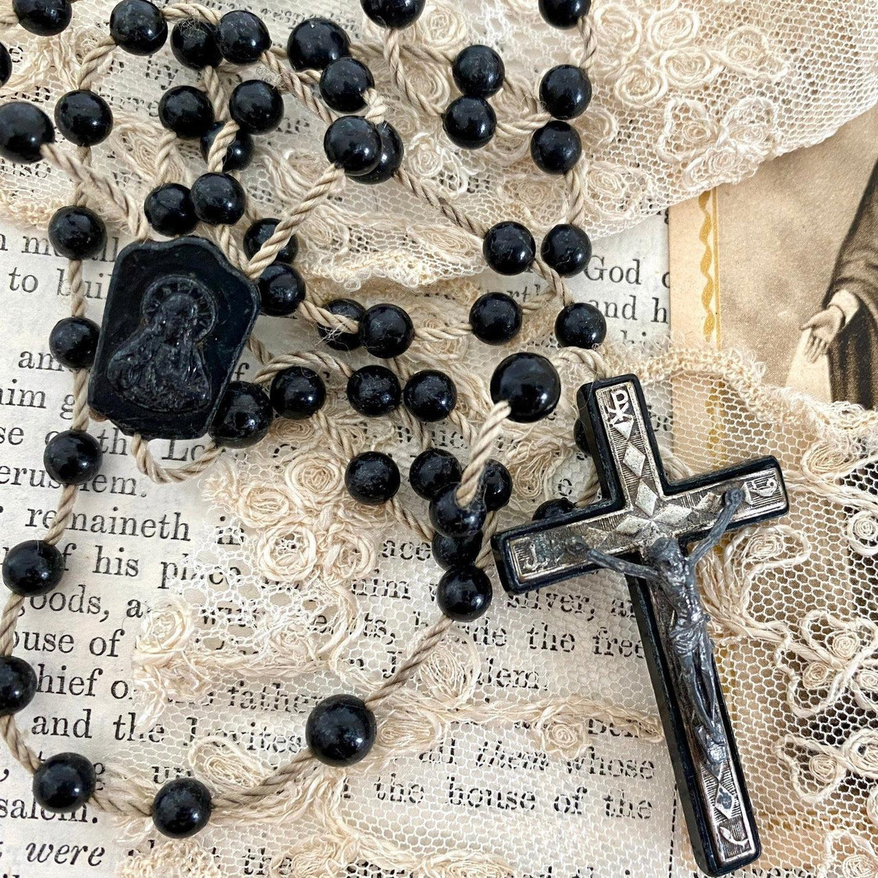 Black rosary with silver plated cross, 1960s-vintage-religious-SweetAntik