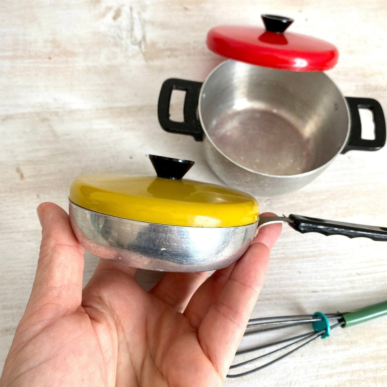 Cooking toys set aluminum pot and pan, Germany 1960s-vintage-kitchen toys-SweetAntik