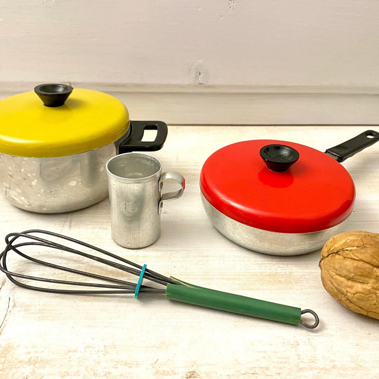 Cooking toys set aluminum pot and pan, Germany 1960s-vintage-kitchen toys-SweetAntik