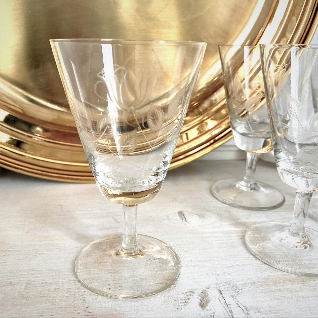 Etched crystal goblet ROSENTHAL "Shadow Rose" set of 8, 1960s-vintage-drinking glass set-SweetAntik