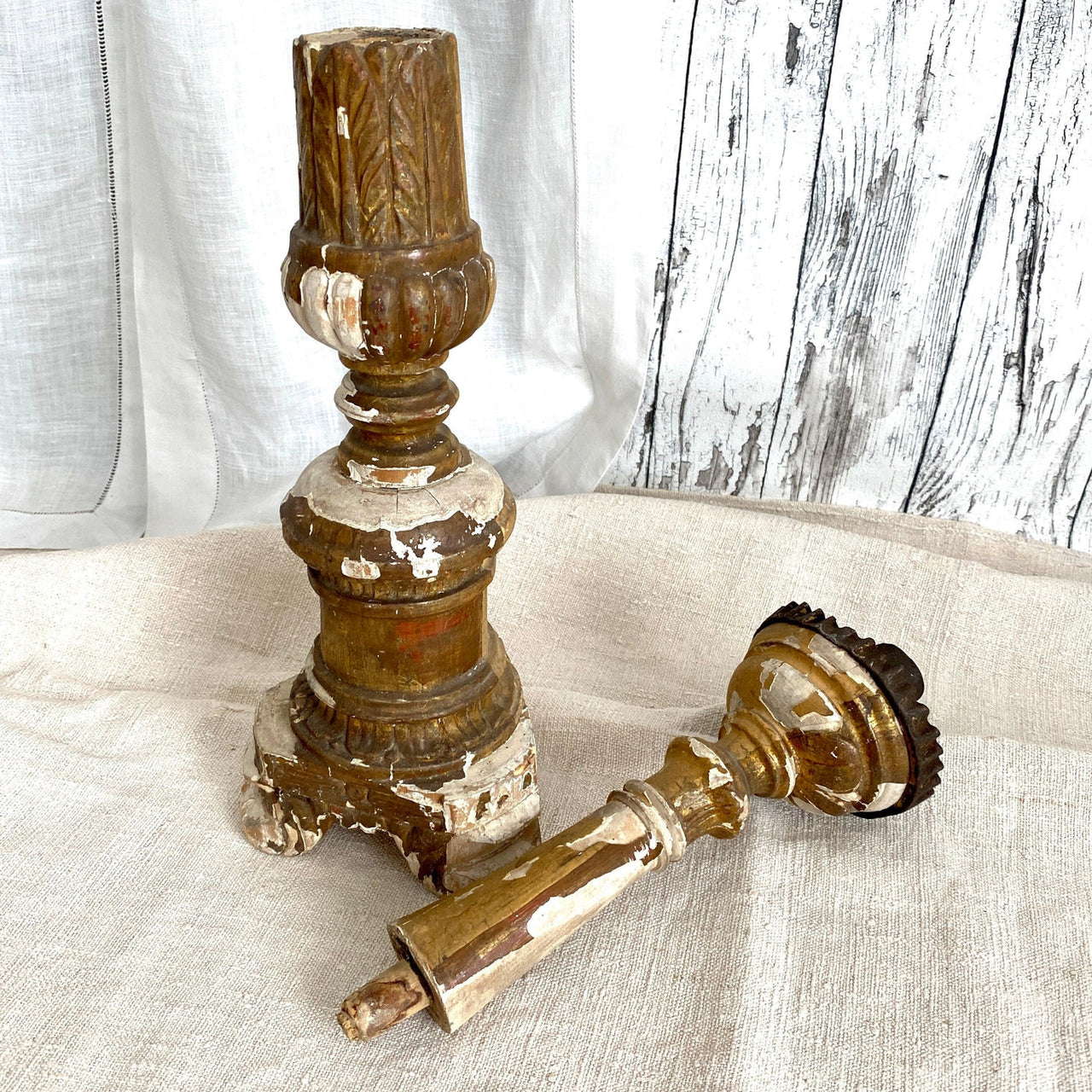 French antique altar candlestick chippy giltwood, 1800s-vintage-candleholder-SweetAntik