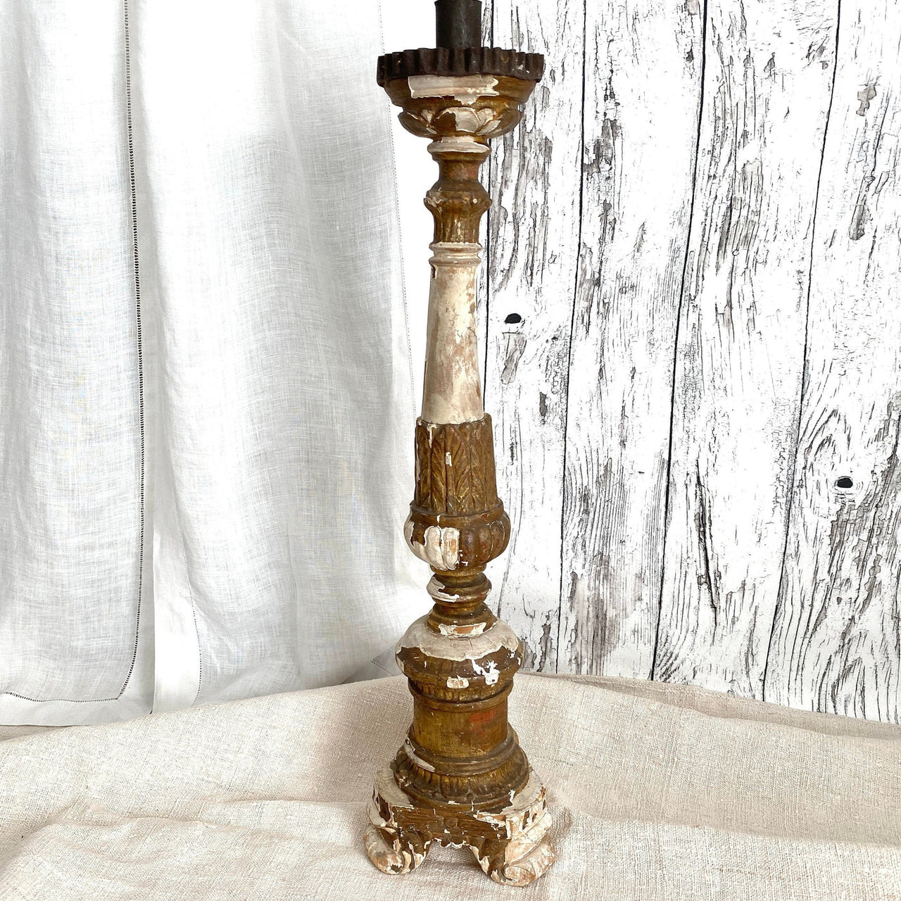 French antique altar candlestick chippy giltwood, 1800s-vintage-candleholder-SweetAntik