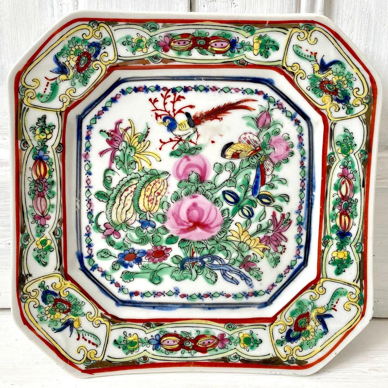 vintage Antique Macau porcelain square dish hand painted, 1940s - Sweet Antik