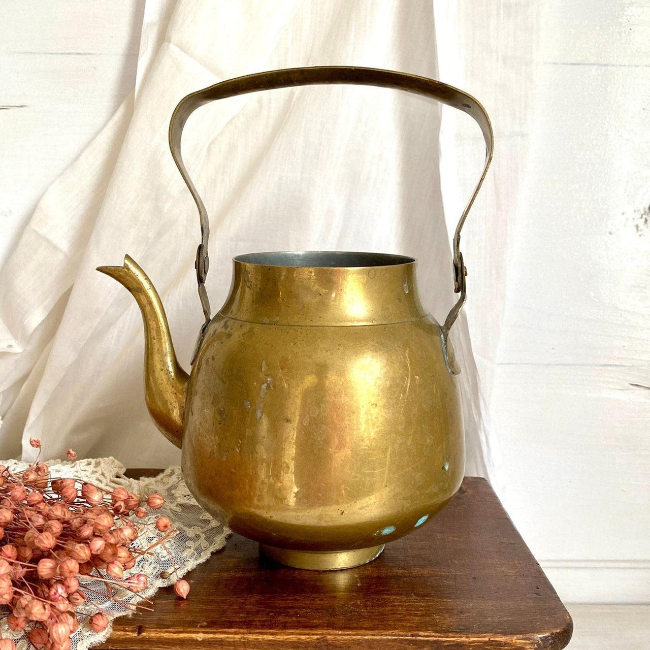 vintage Antique brass kettle, farmhouse kitchen decor - Sweet Antik