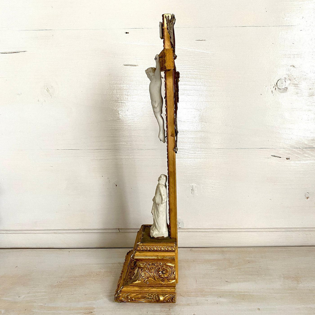 vintage Antique gilt wood standing crucifix cross with bisque figurines 1900s-Sweet Antik